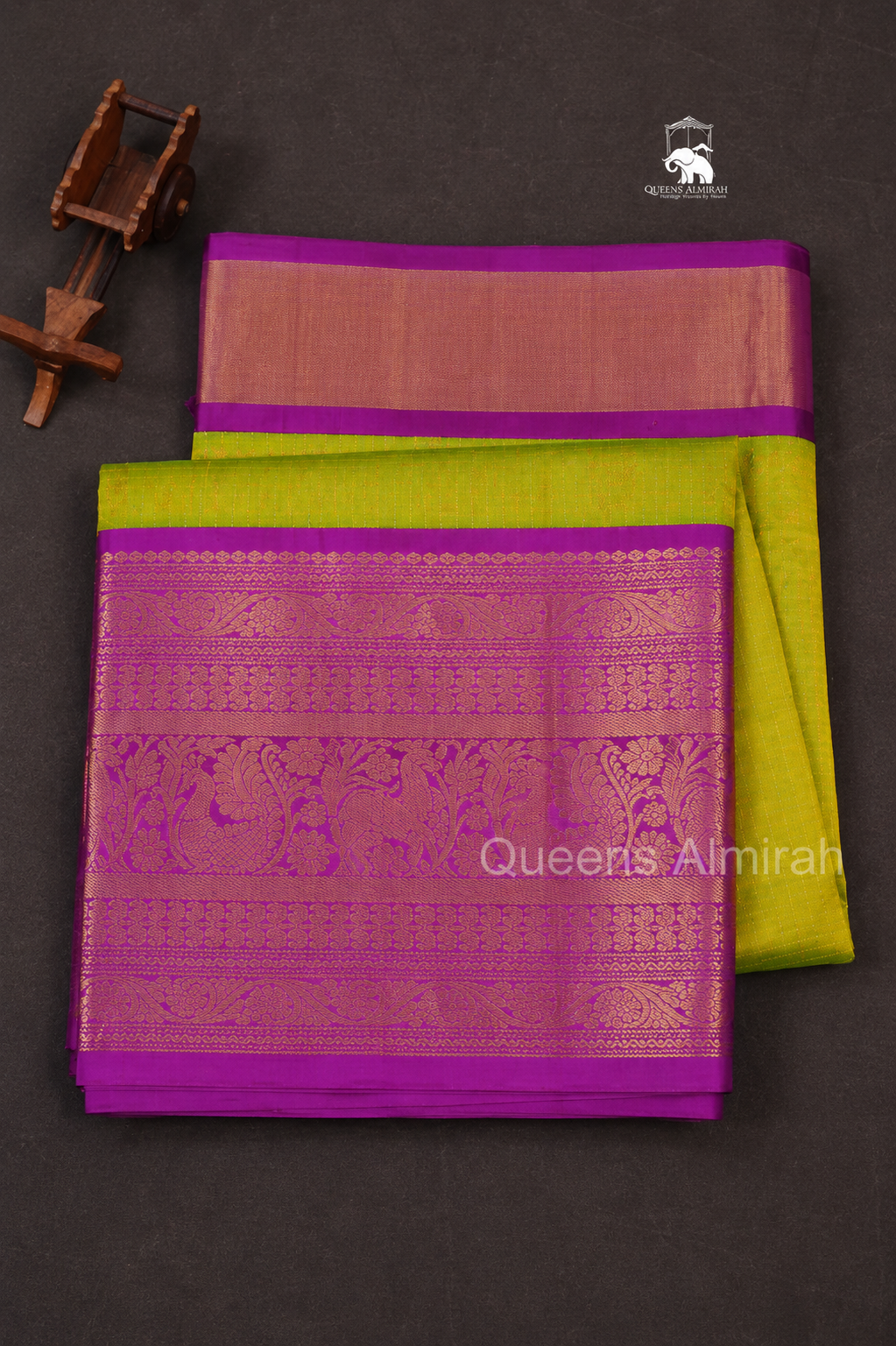 Parrot  Green With Purple Long And Short Border Pure Silk Cotton Saree
