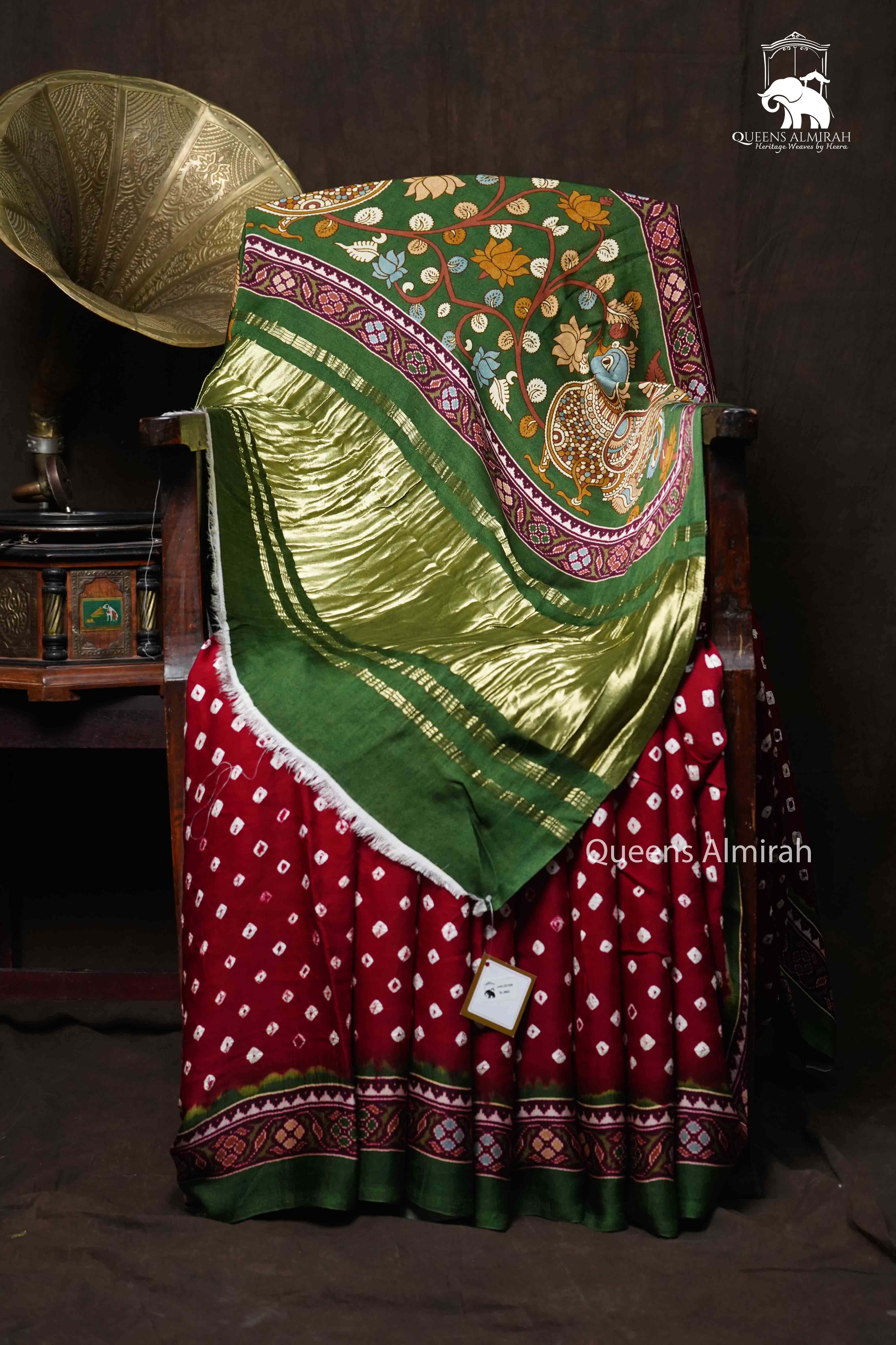 CHILLI RED WITH RIFLE GREEN MODAL SILK SAREE - Queens Jewel Emporium