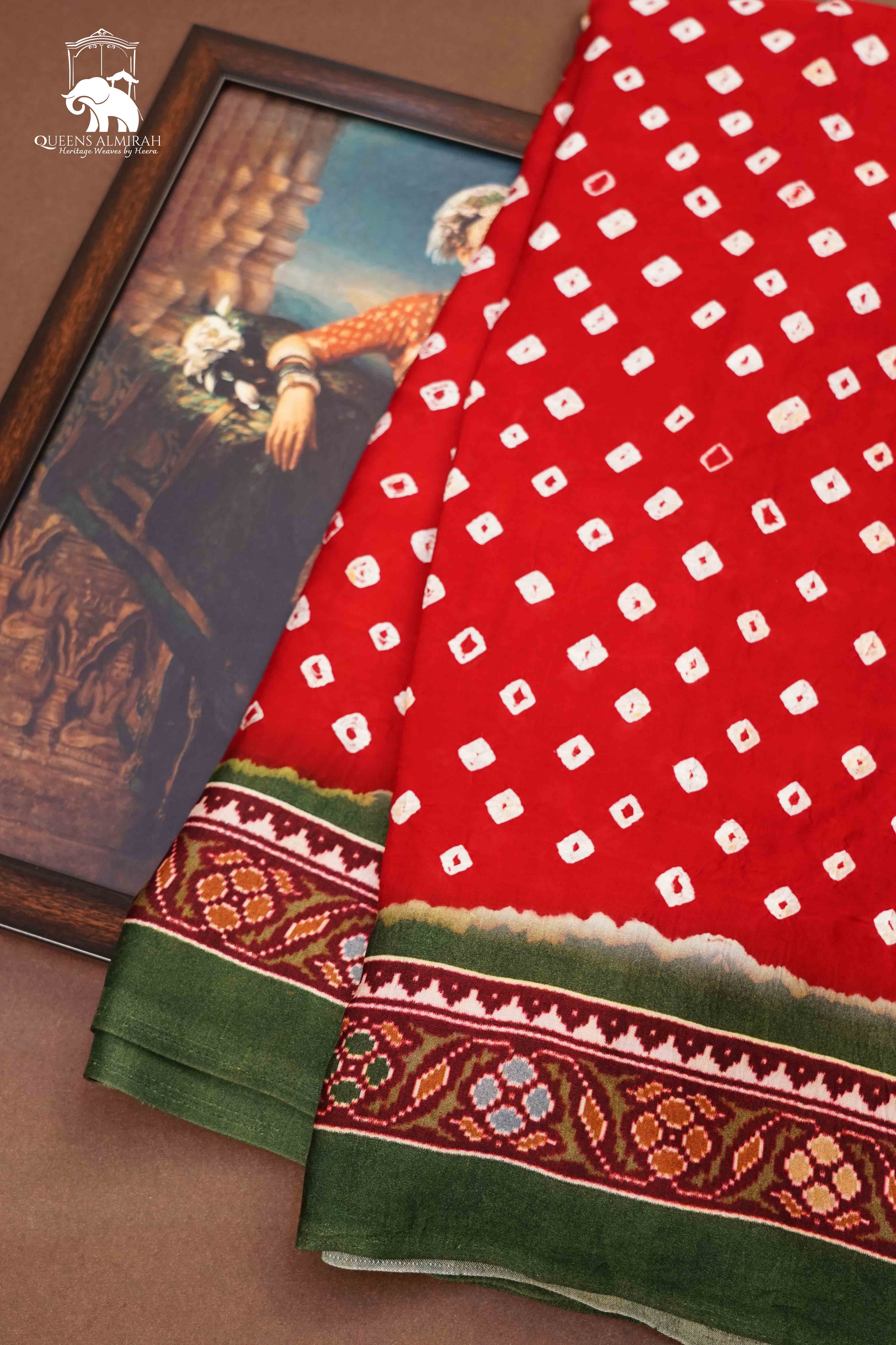 CHILLI RED WITH RIFLE GREEN MODAL SILK SAREE - Queens Jewel Emporium