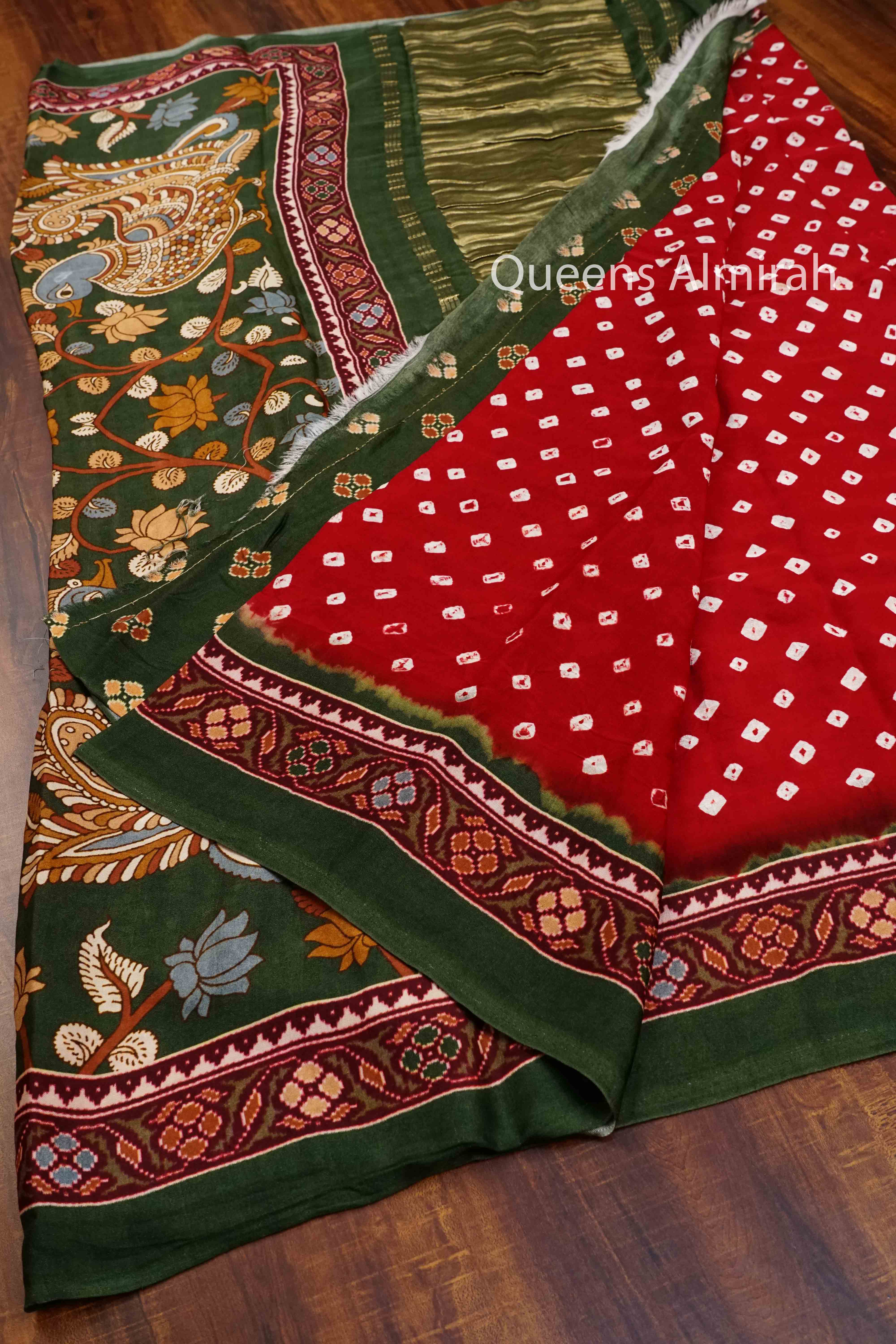 CHILLI RED WITH RIFLE GREEN MODAL SILK SAREE - Queens Jewel Emporium