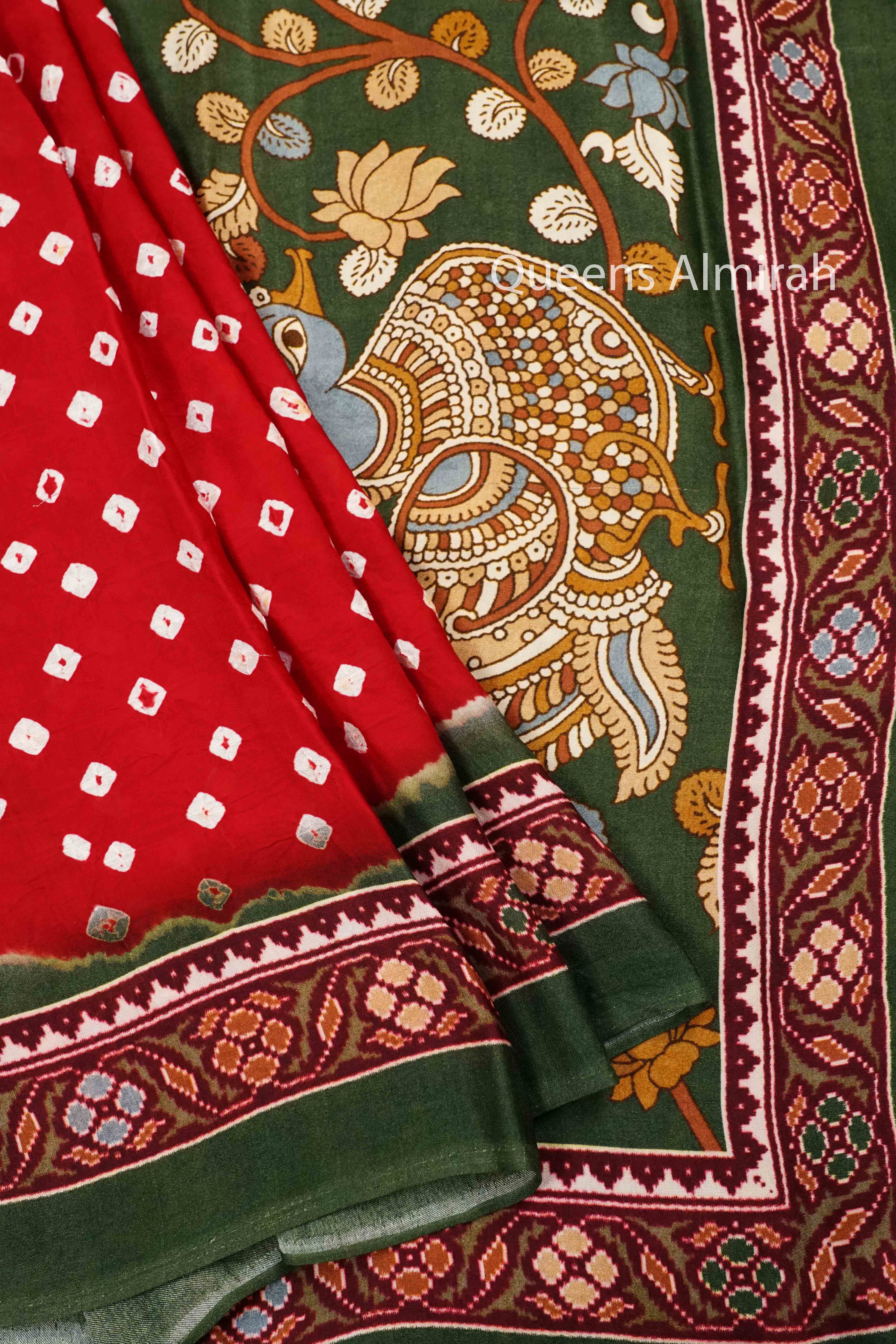 CHILLI RED WITH RIFLE GREEN MODAL SILK SAREE - Queens Jewel Emporium