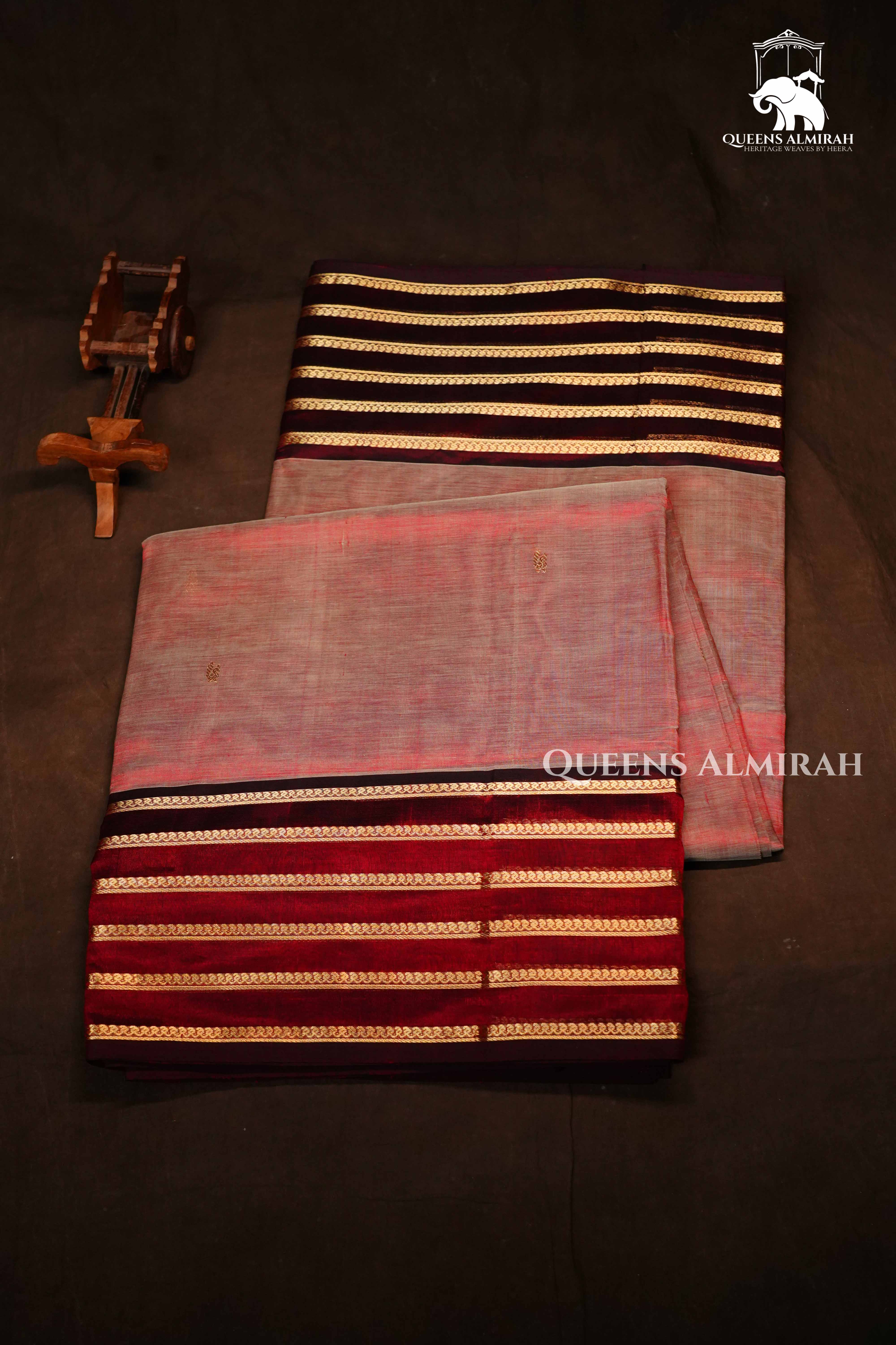 Chocolate And Peach With Maroon - Royal Karaikudi Chettinad Silk Cotton Saree QUEENS ALMIRAH