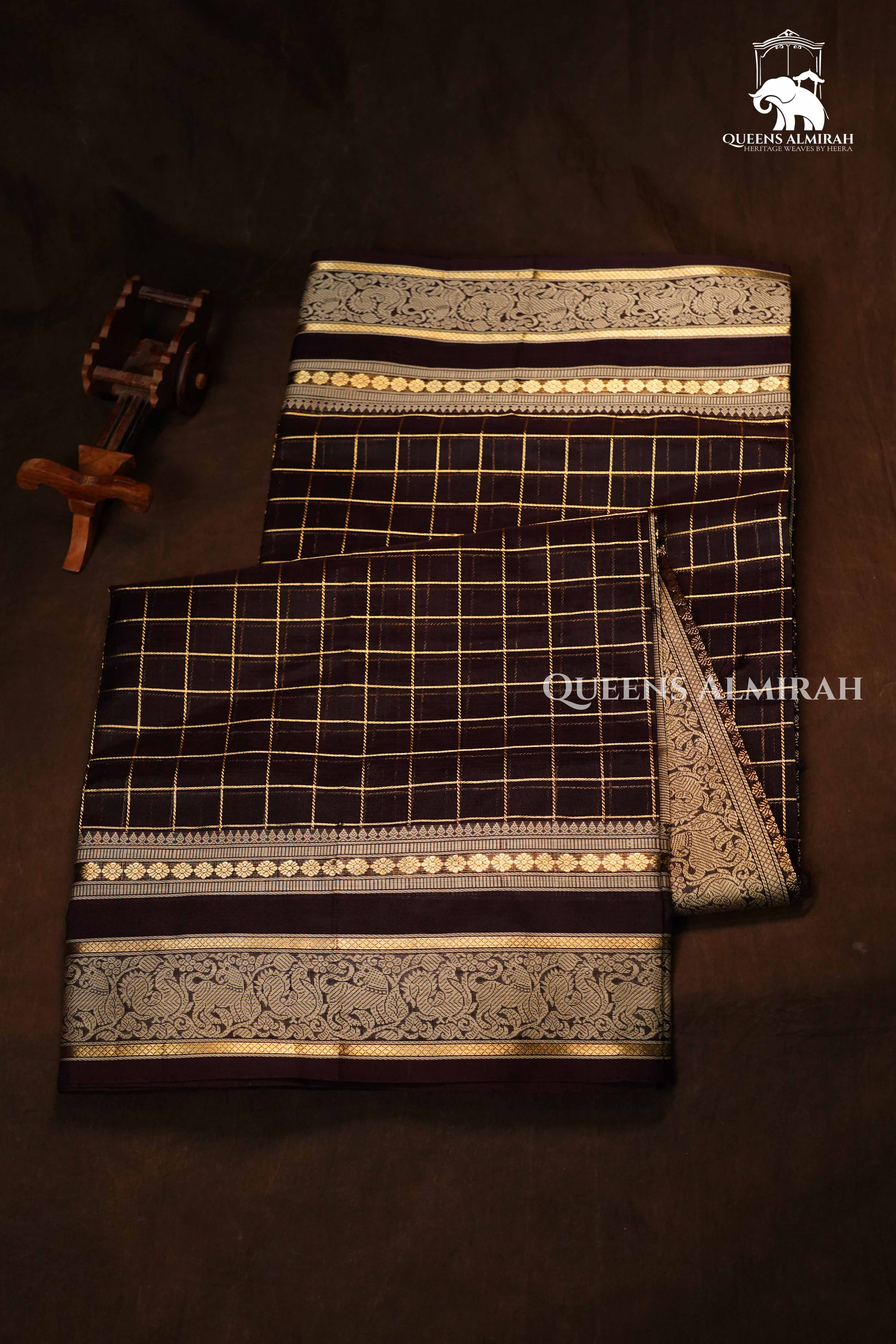Chocolate Brown-Karaikudi Chettinad Silk Cotton Saree QUEENS ALMIRAH