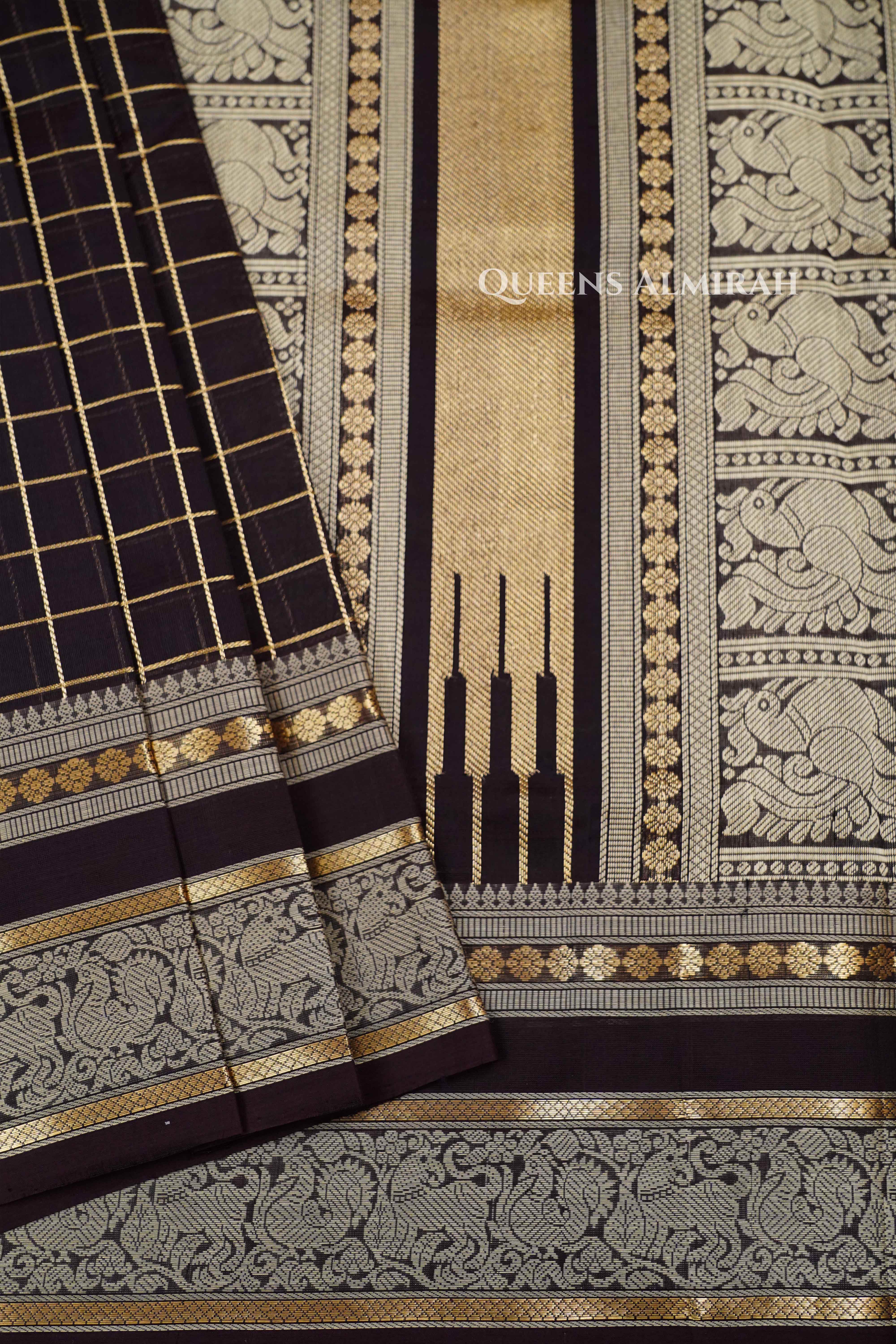 Chocolate Brown-Karaikudi Chettinad Silk Cotton Saree QUEENS ALMIRAH
