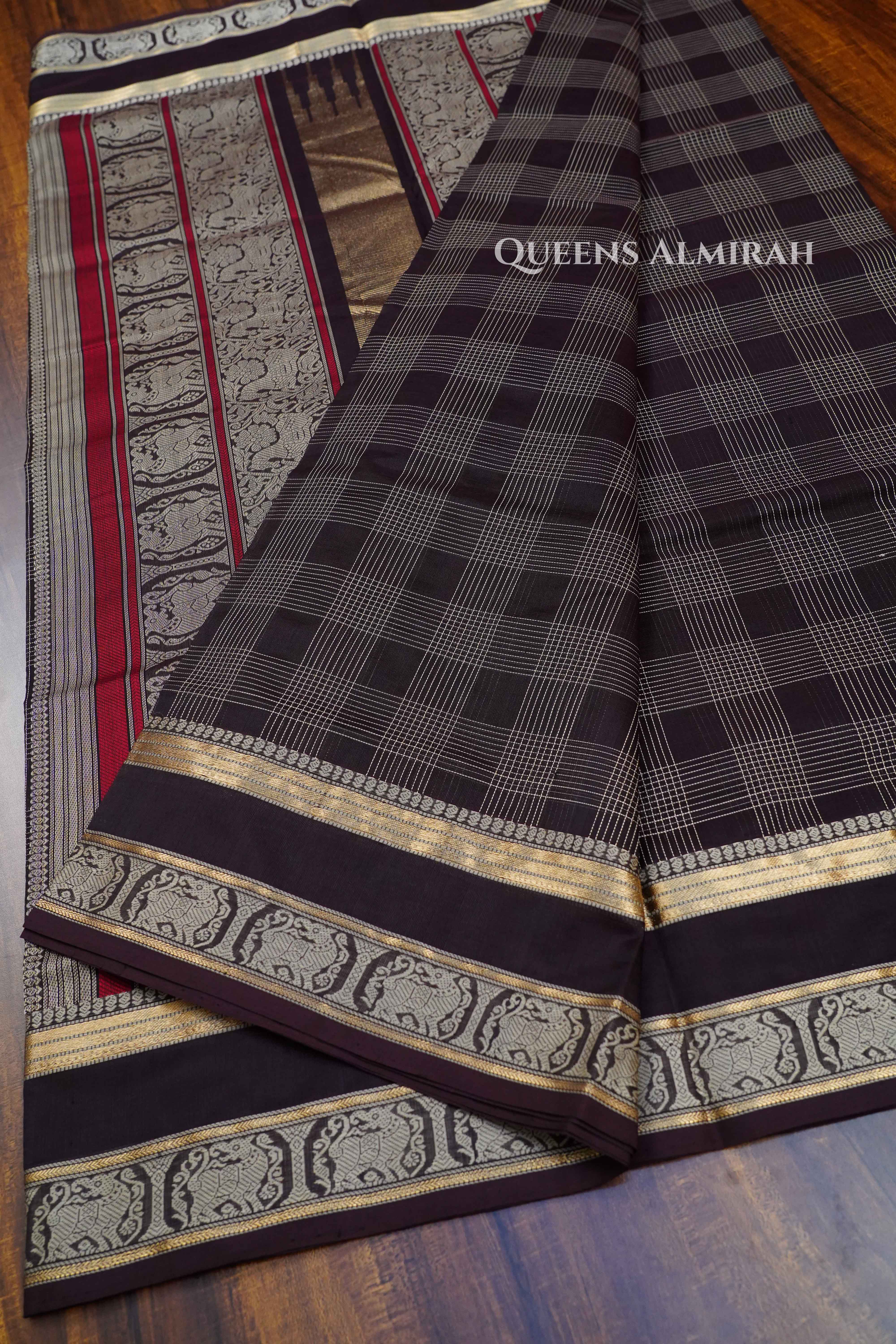 Cofee Bean-Karaikudi Chettinad Silk Cotton Saree QUEENS ALMIRAH