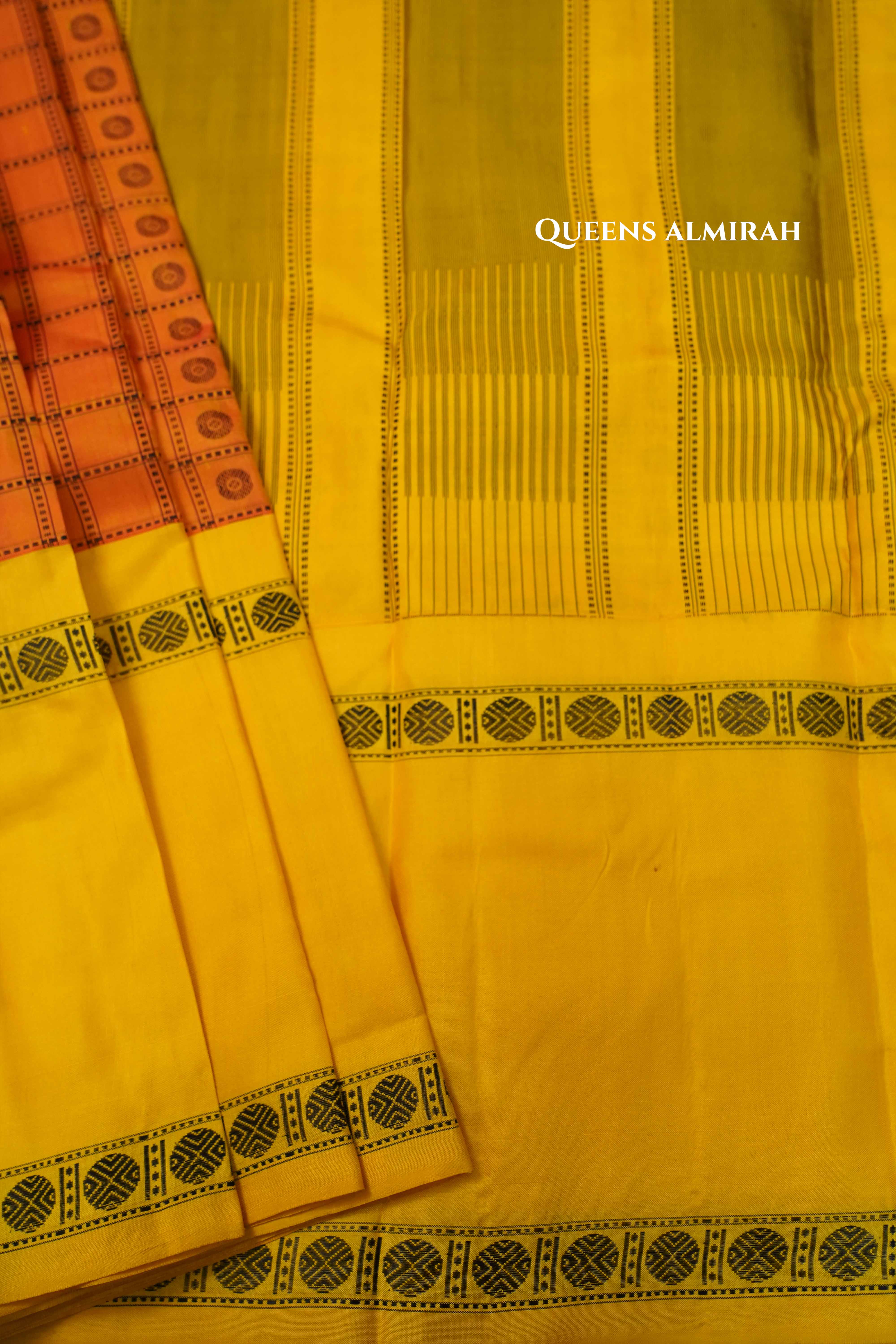 Coral Orange With Yellow Kanchivaram silk saree QUEENS ALMIRAH