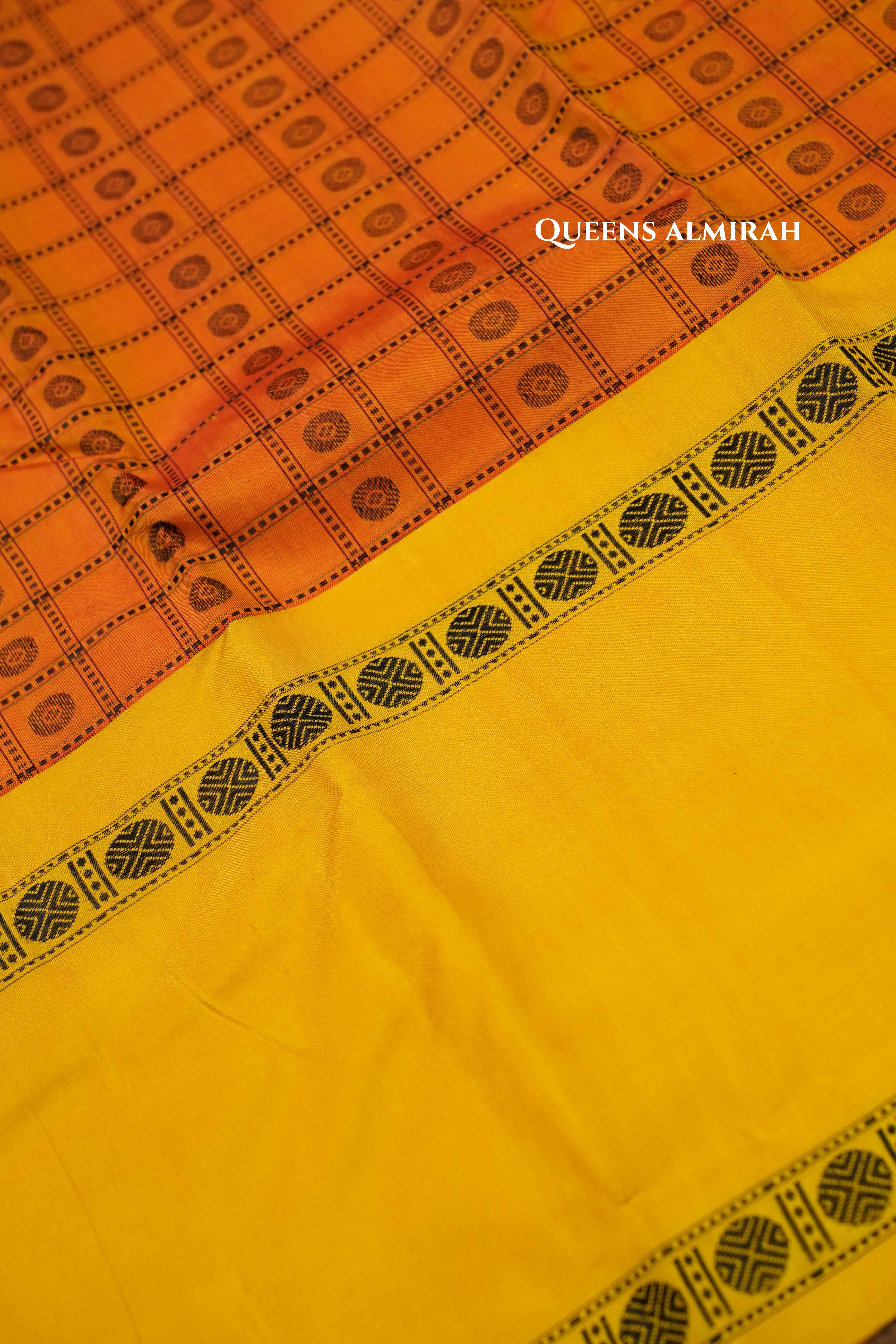 Coral Orange With Yellow Kanchivaram silk saree QUEENS ALMIRAH