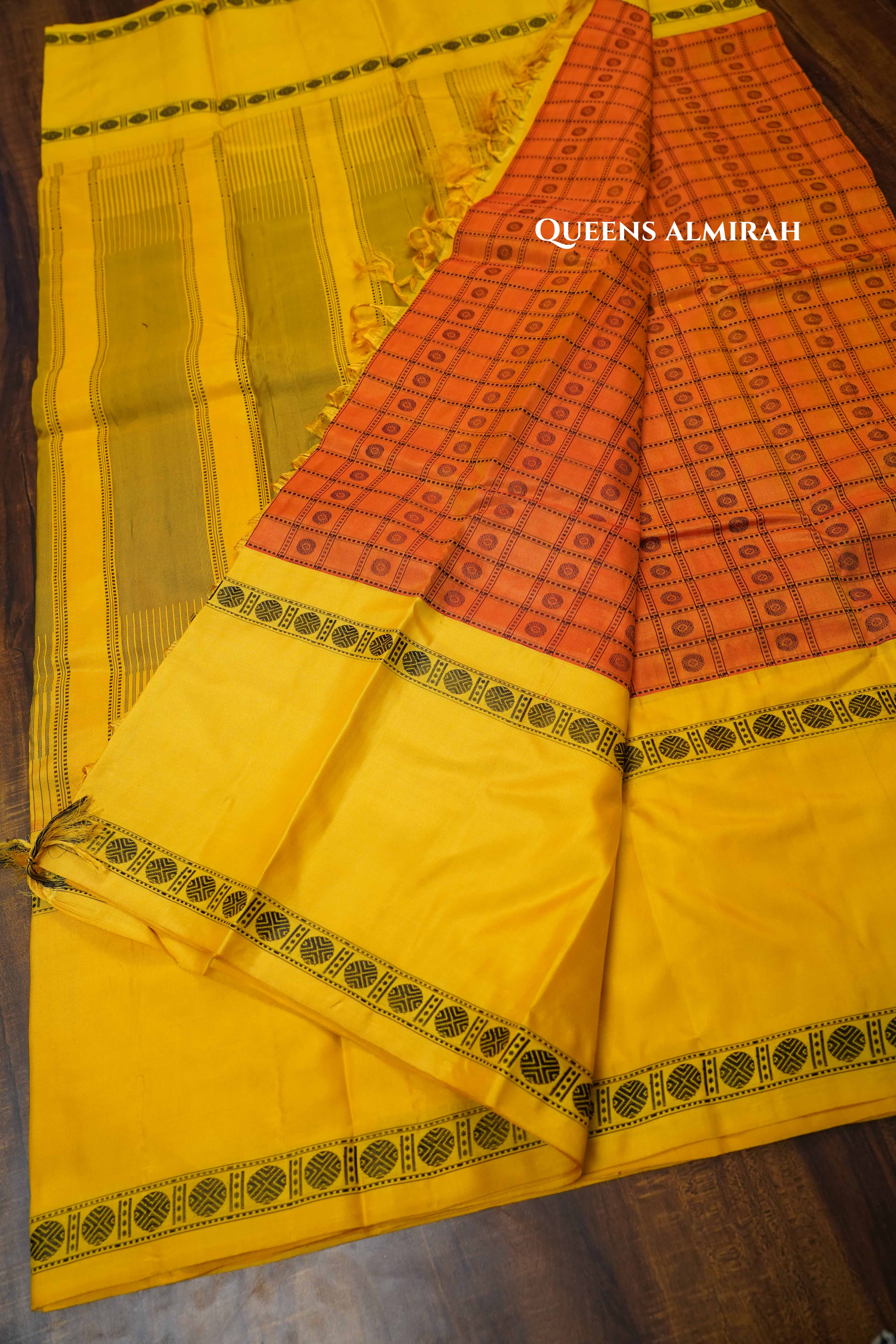 Coral Orange With Yellow Kanchivaram silk saree QUEENS ALMIRAH