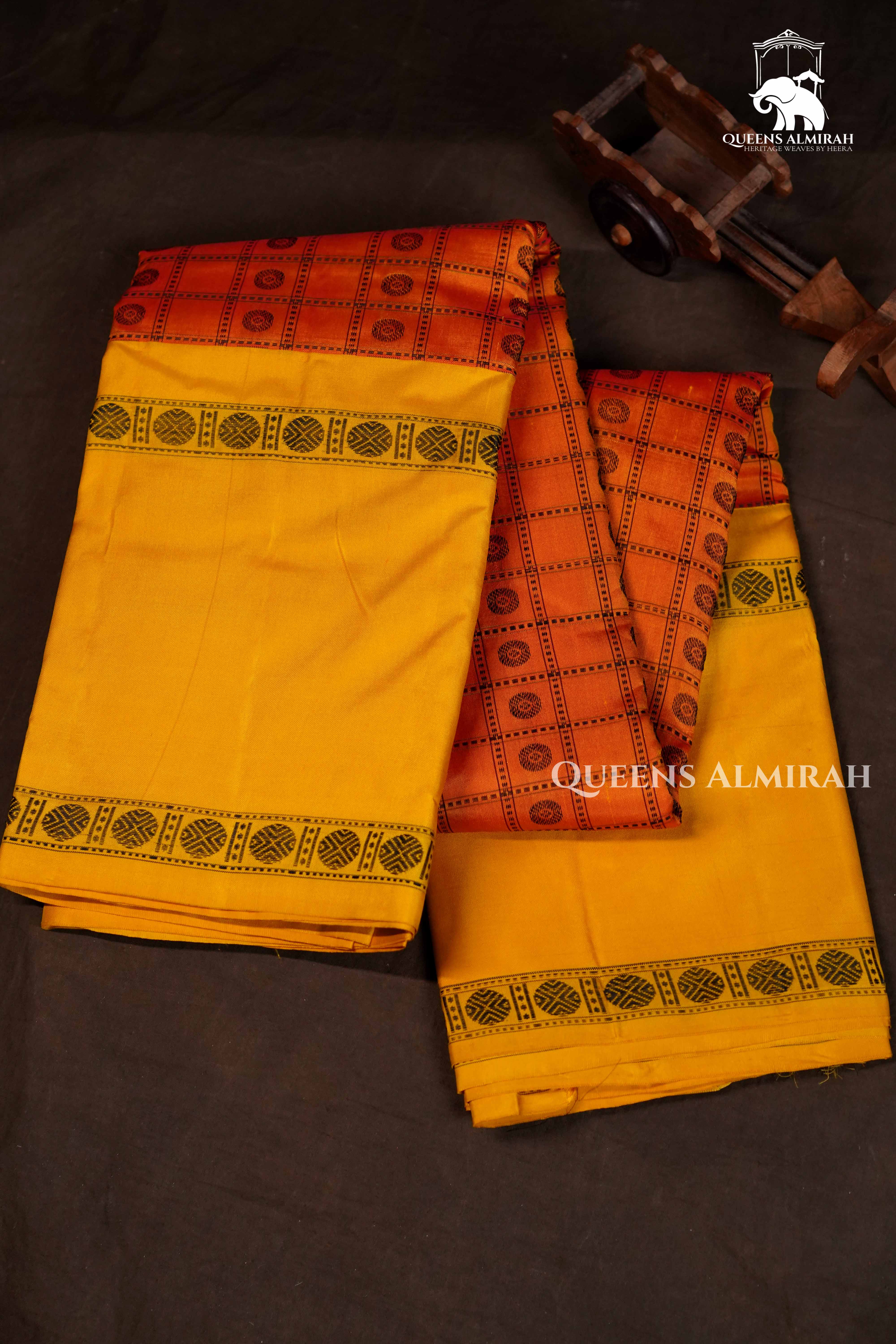 Coral Orange With Yellow Kanchivaram silk saree QUEENS ALMIRAH