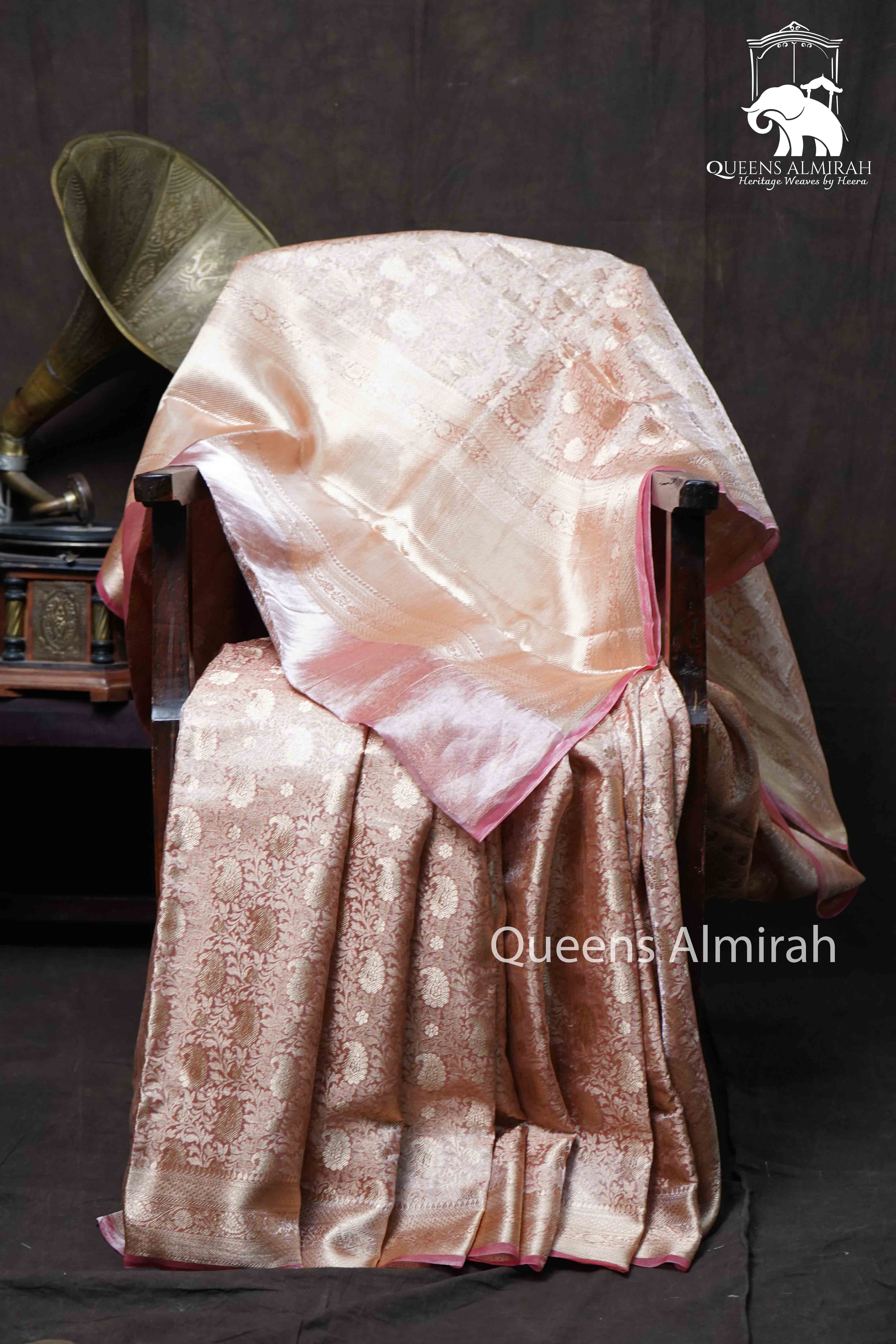 Coral Pink Banarasi Silk Saree - Queens Jewel Emporium