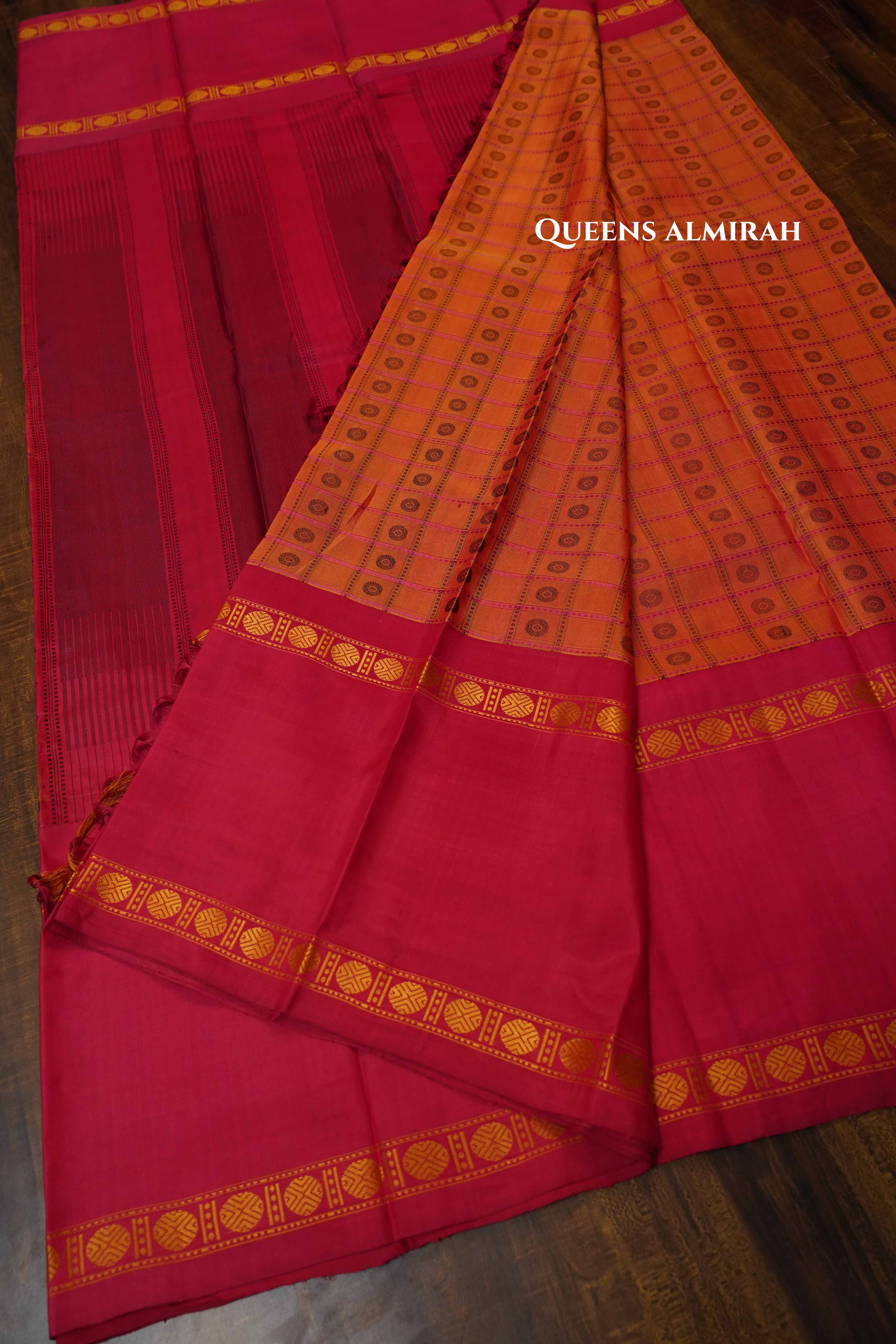 Coral Pink With Rani Pink Pure Kanchivaram Silk Saree QUEENS ALMIRAH