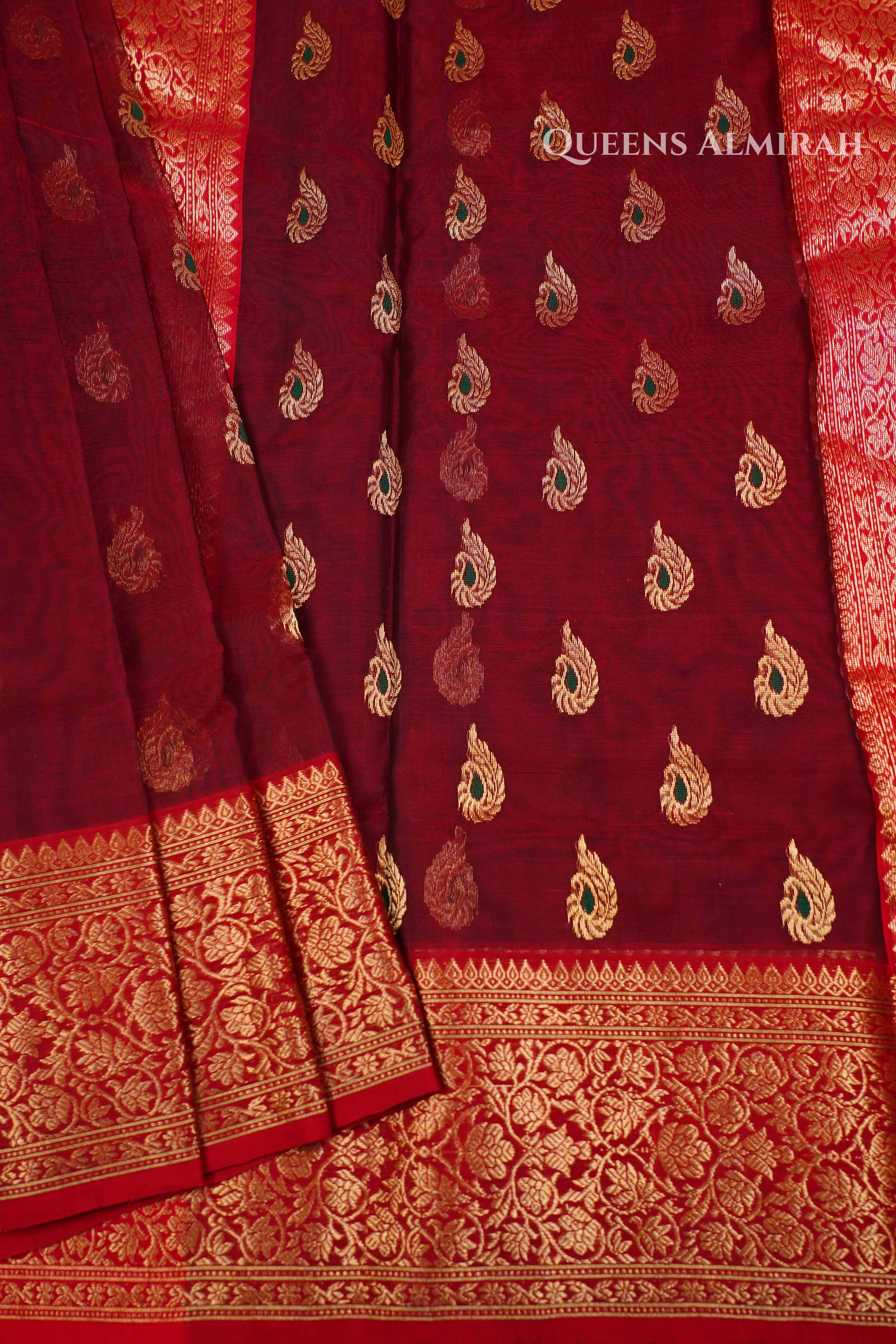 Crimson Red  Chanderi Katan Silk Handloom Saree QUEENS ALMIRAH