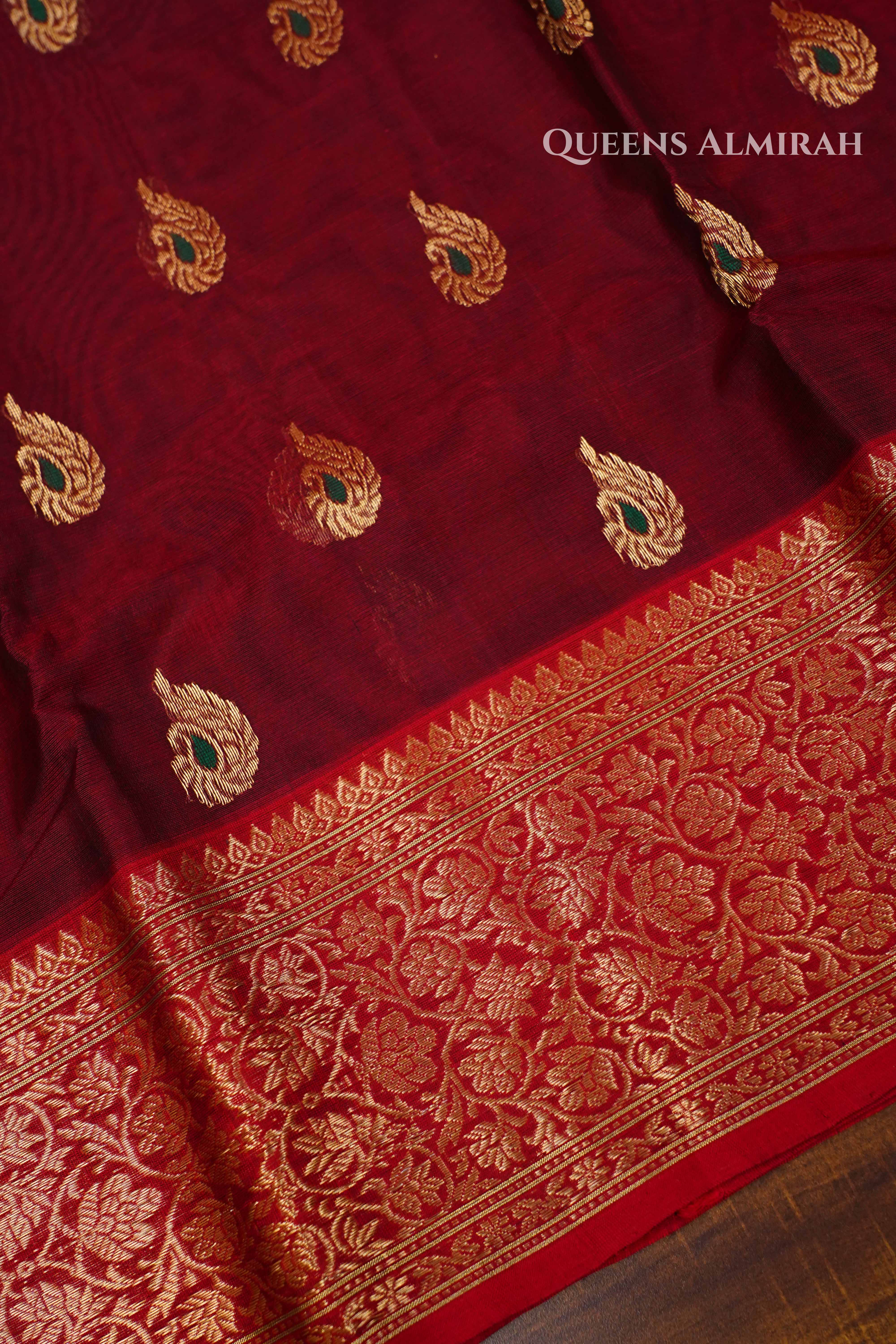Crimson Red  Chanderi Katan Silk Handloom Saree QUEENS ALMIRAH