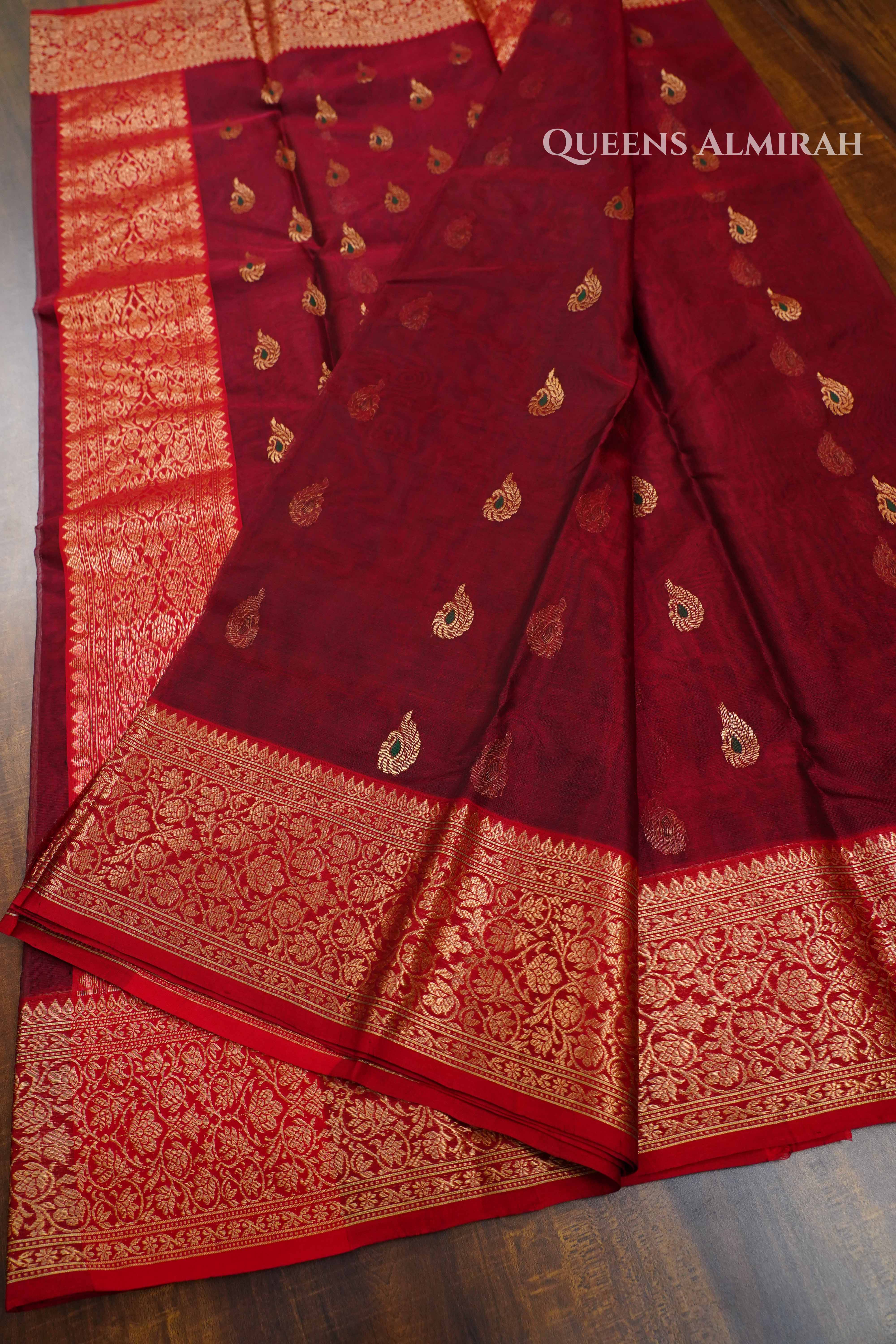 Crimson Red  Chanderi Katan Silk Handloom Saree QUEENS ALMIRAH
