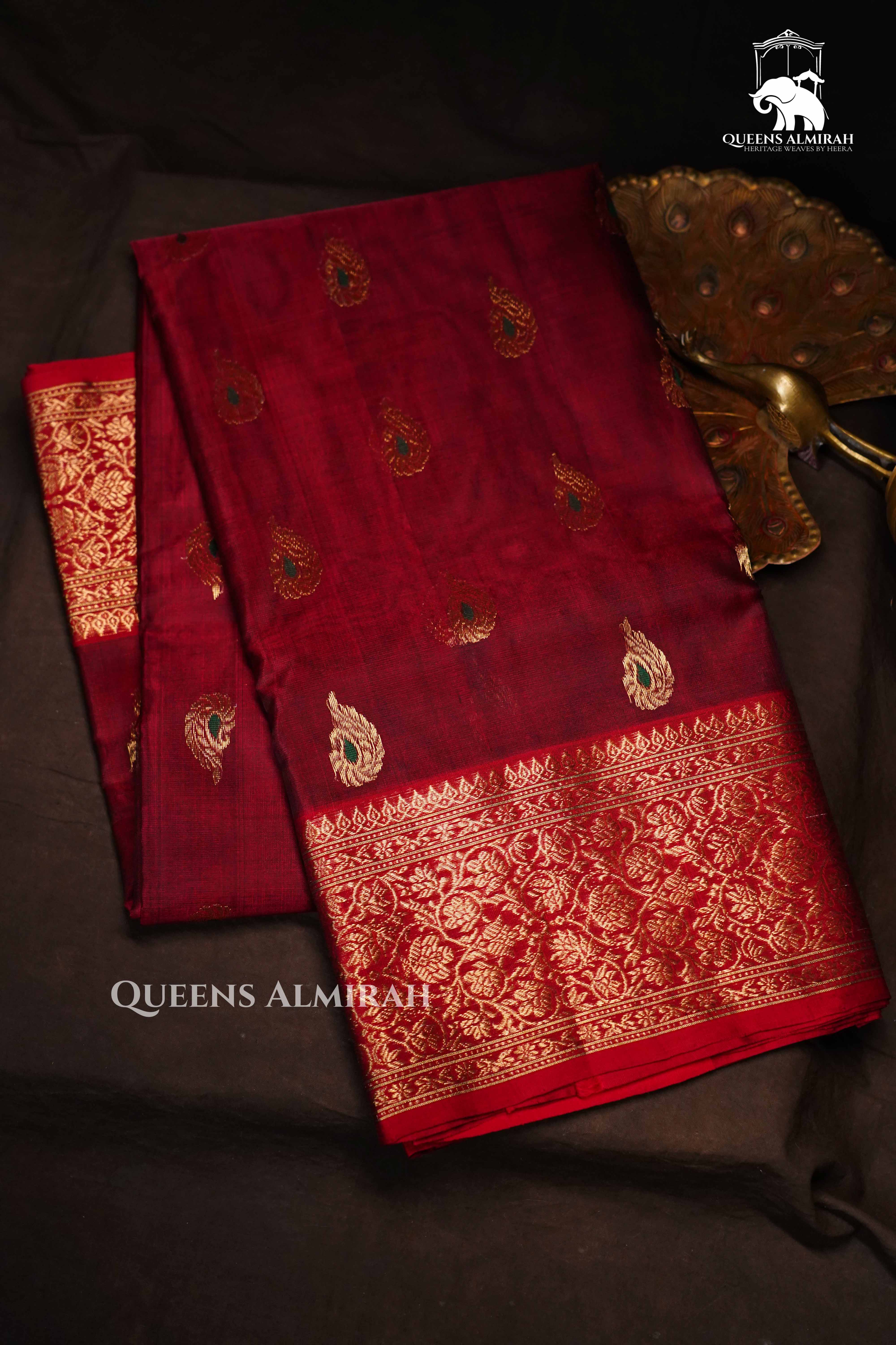 Crimson Red  Chanderi Katan Silk Handloom Saree QUEENS ALMIRAH