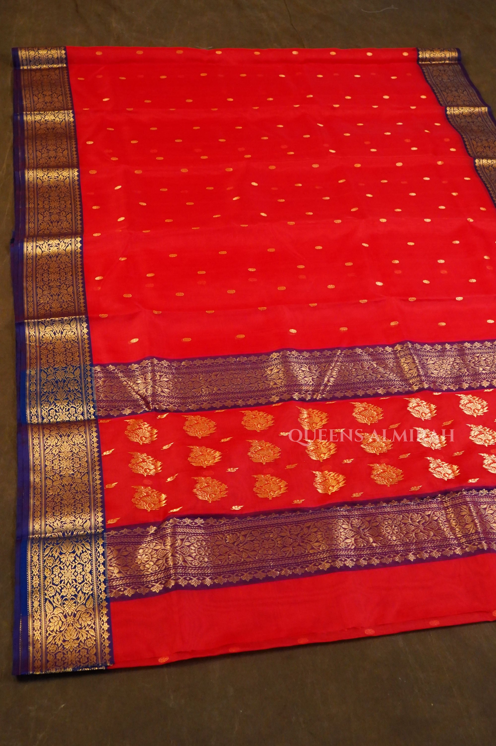 Red With Navy Blue Chanderi Katan Silk Handloom Saree