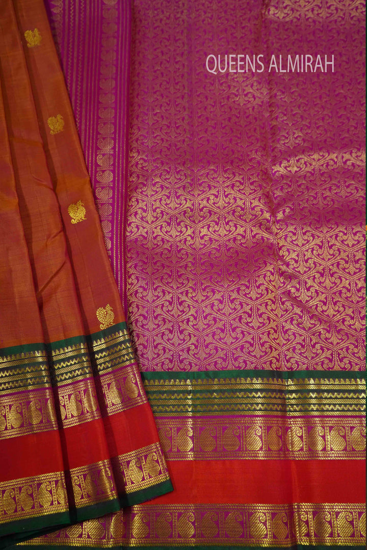 APPLE BLOSSOM WITH LEAF GREEN  PURE KANCHIVARAM SILK SAREE - Queens Jewel Emporium