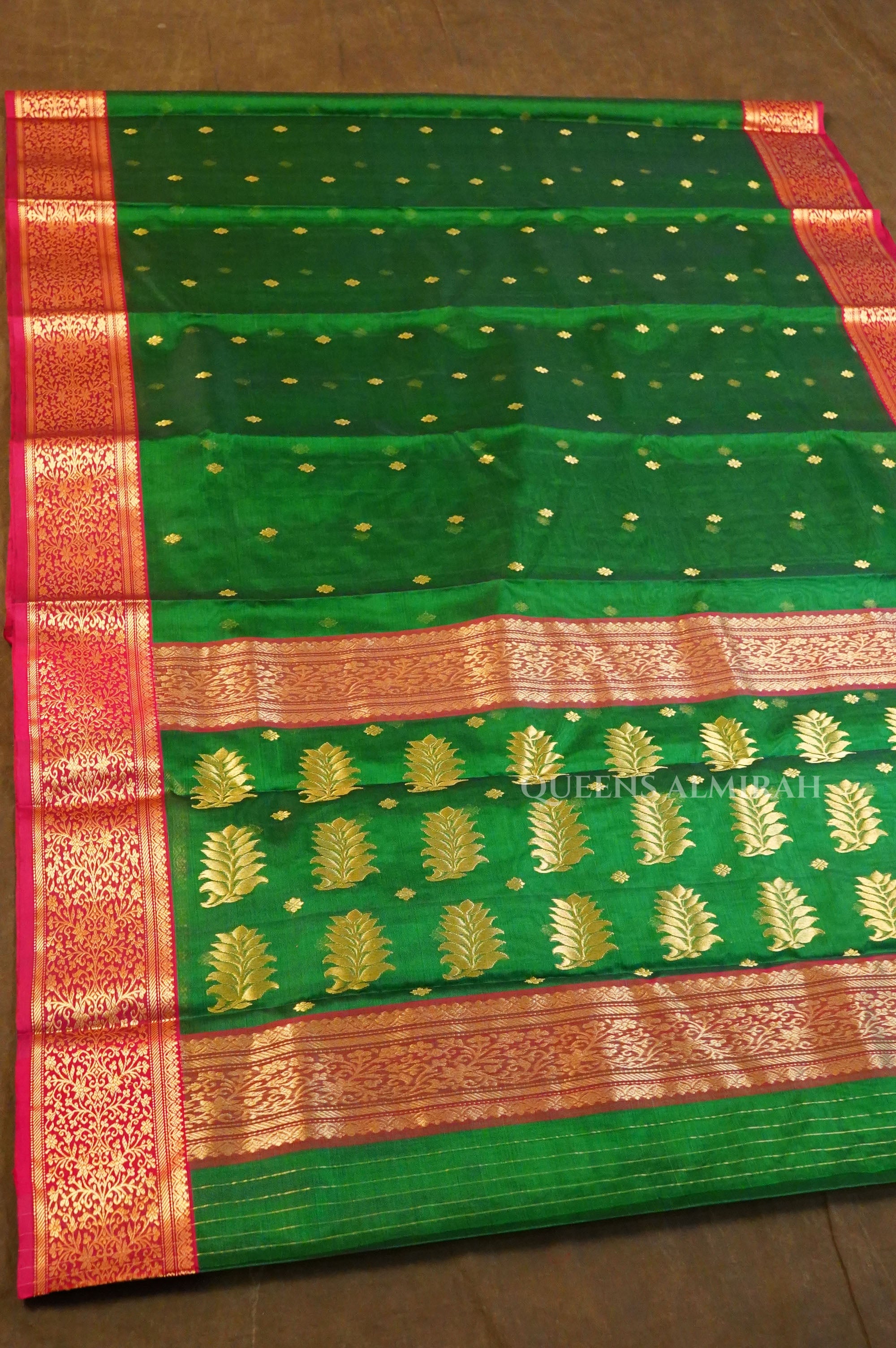 Green With Pink Chanderi Katan Silk Handloom Saree