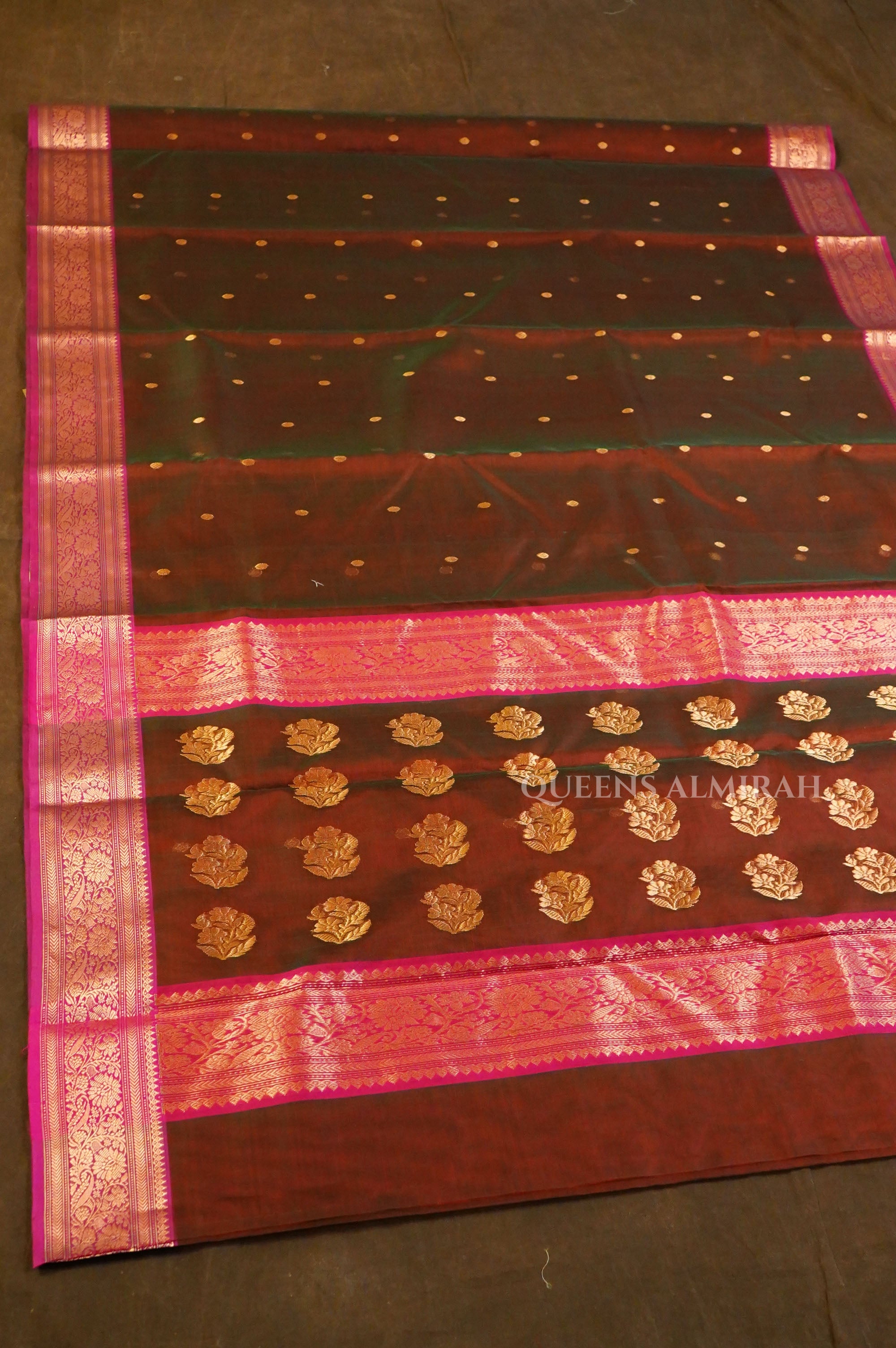 Brown With Pink Chanderi Katan Silk Handloom Saree