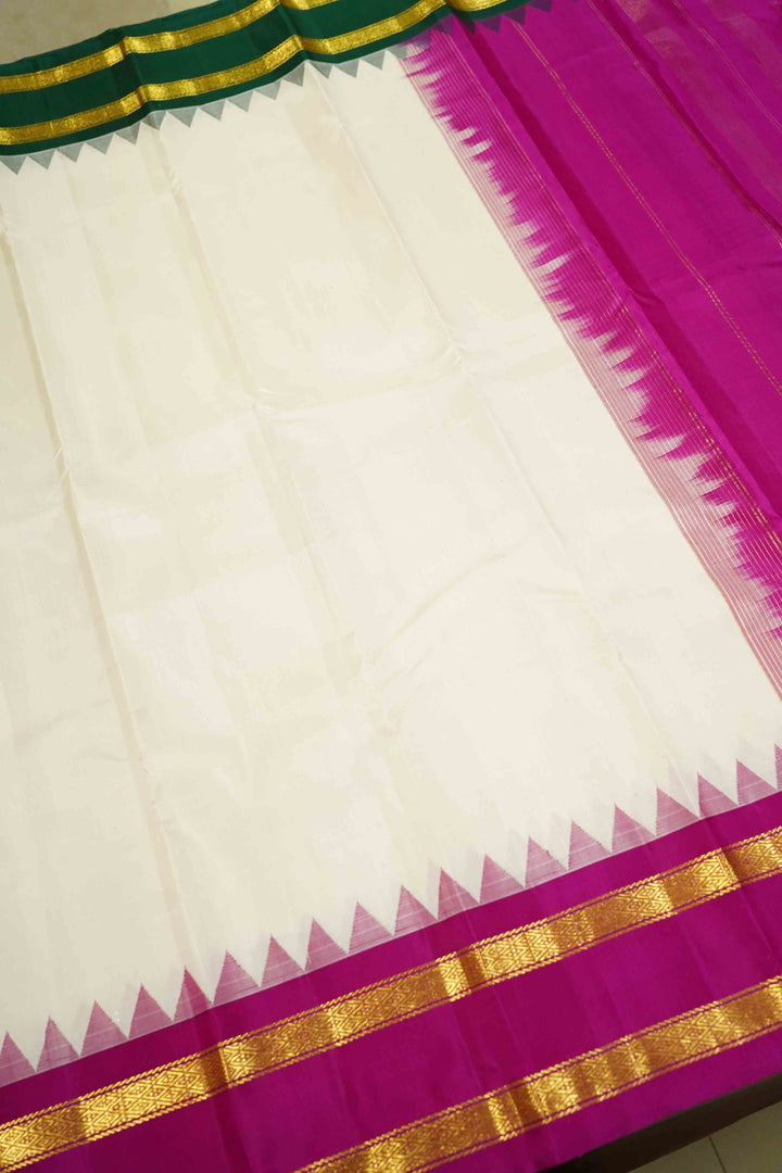 WHITE WITH LEAF GREEN AND RASBERRY PINK PURE KANCHIVARAM SILK SAREE - Queens Jewel Emporium