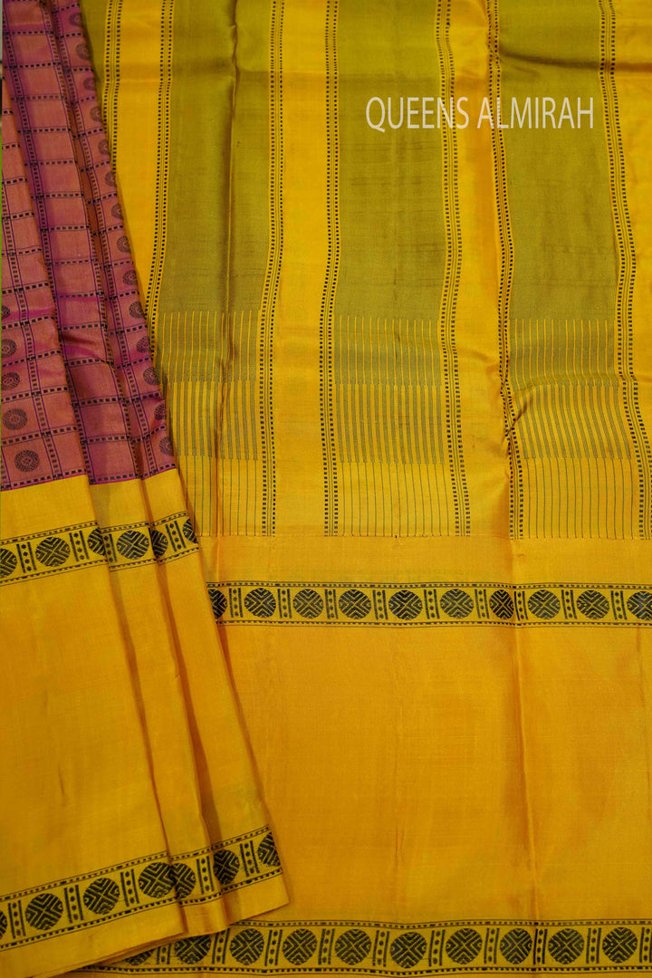 RAMBUTAN RED WITH MANGO YELLOW PURE KANCHIVARAM SILK SAREE - Queens Jewel Emporium