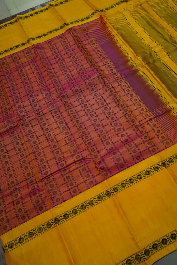 RAMBUTAN RED WITH MANGO YELLOW PURE KANCHIVARAM SILK SAREE - Queens Jewel Emporium