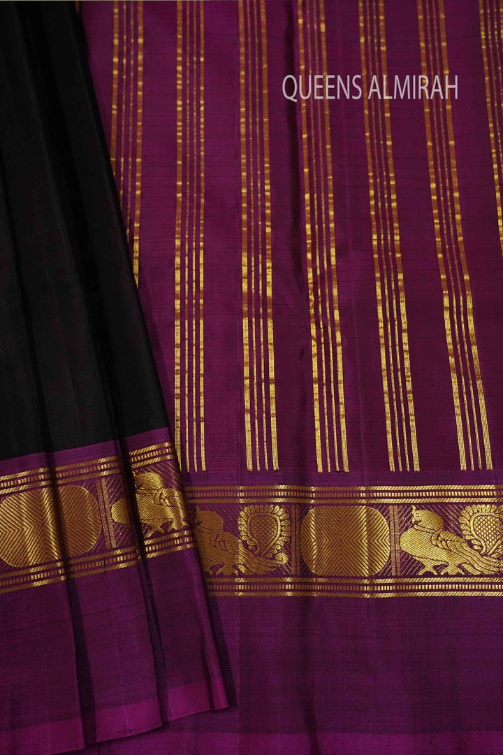 DARK CHOCOLATE WITH PURPLE JAM PURE KANCHIVARAM SILK SAREE - Queens Jewel Emporium