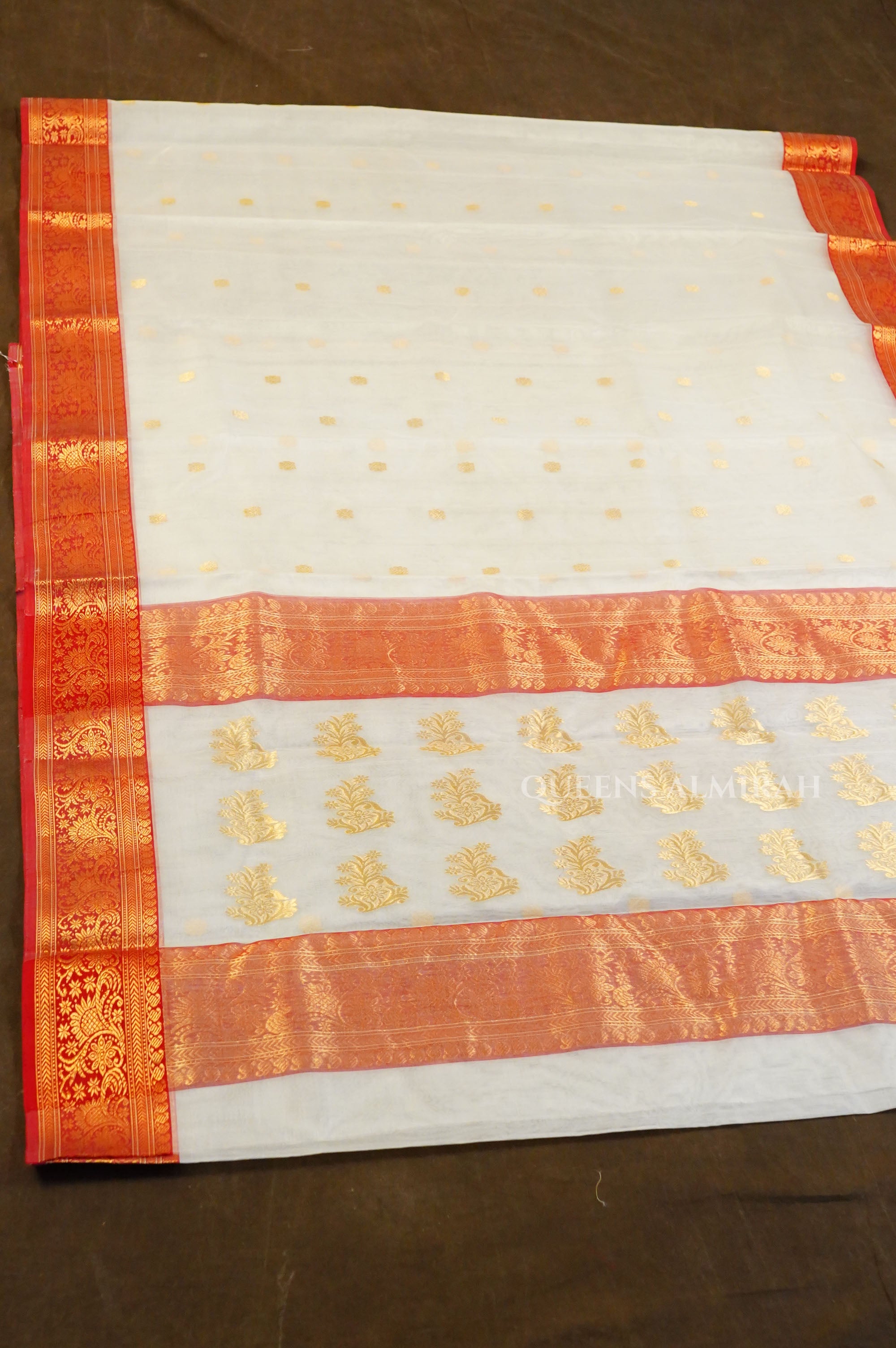 White With Red Chanderi Katan Silk Handloom Saree