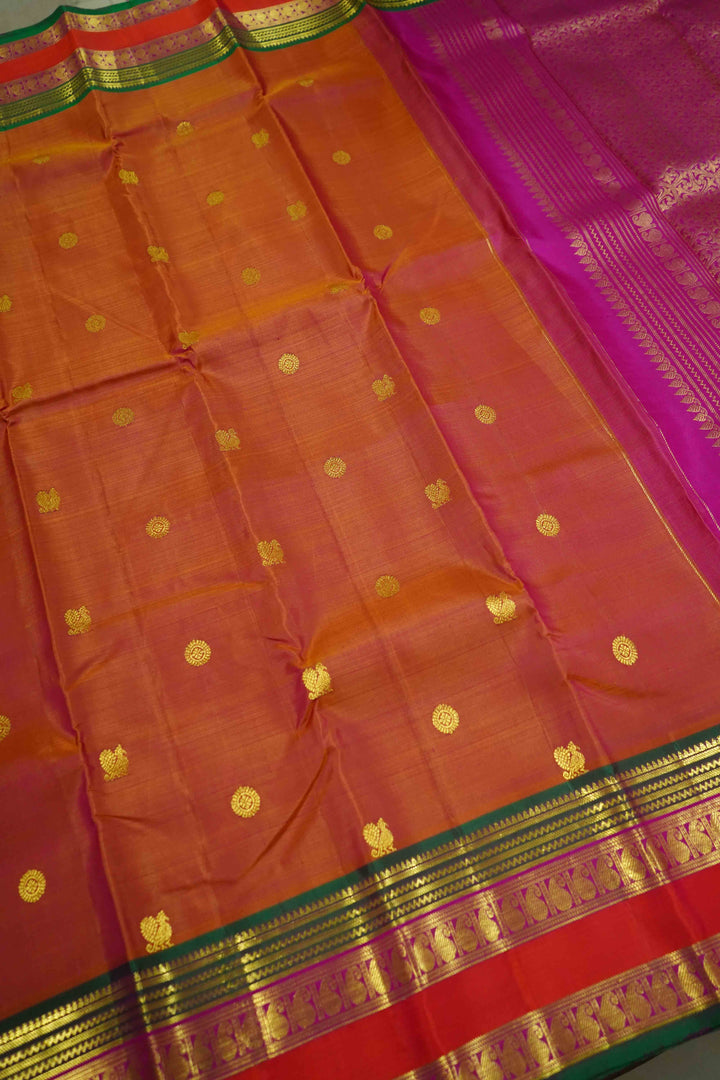 APPLE BLOSSOM WITH LEAF GREEN  PURE KANCHIVARAM SILK SAREE - Queens Jewel Emporium