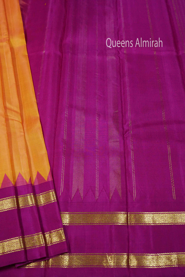 PUMPKIN ORANGE WITH BOTTLE GREEN AND MAGENTA PURE KANCHIVARAM SILK SAREE - Queens Jewel Emporium