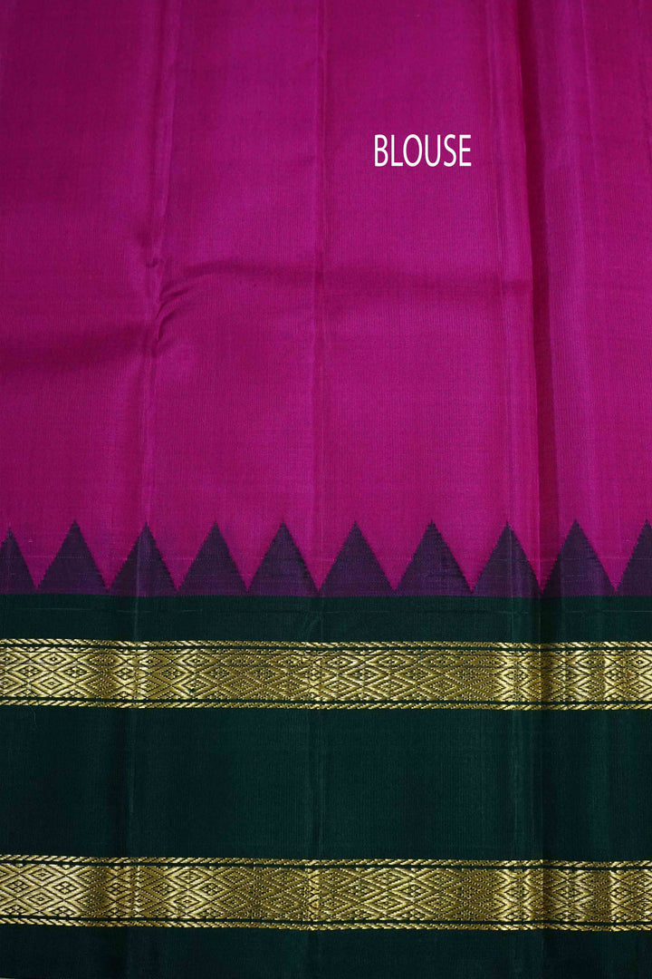 PUMPKIN ORANGE WITH BOTTLE GREEN AND MAGENTA PURE KANCHIVARAM SILK SAREE - Queens Jewel Emporium
