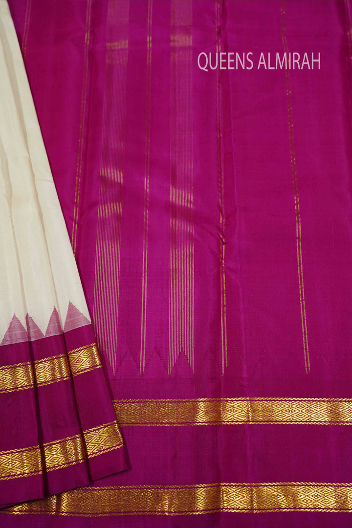 WHITE WITH LEAF GREEN AND RASBERRY PINK PURE KANCHIVARAM SILK SAREE - Queens Jewel Emporium