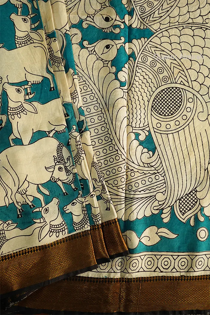 DARK AQUA BLUE MANGALGIRI SAREE - Queens Jewel Emporium