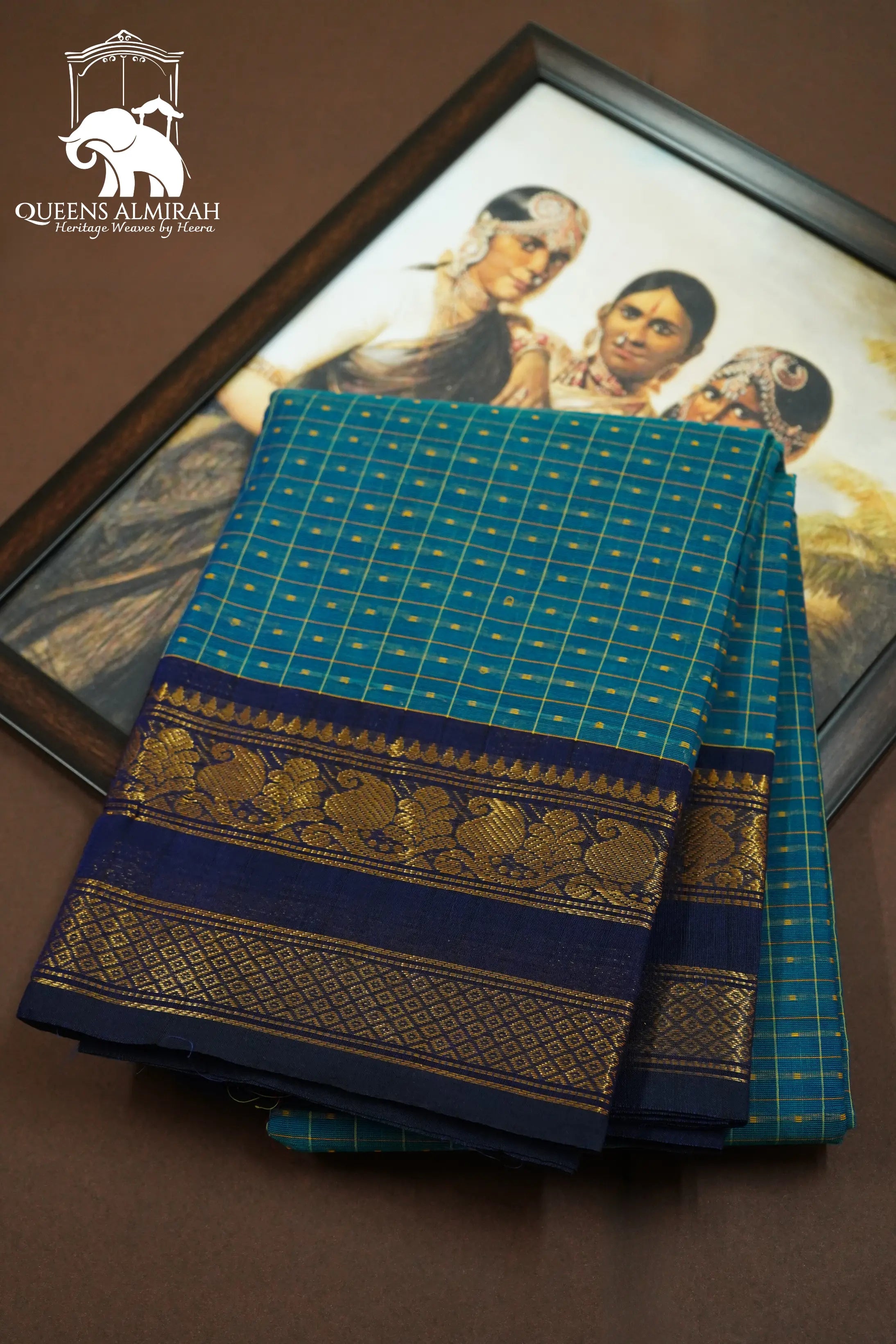 DARK AQUA BLUE WITH NAVY BLUE KANCHI COTTON SAREE - Queens Jewel Emporium