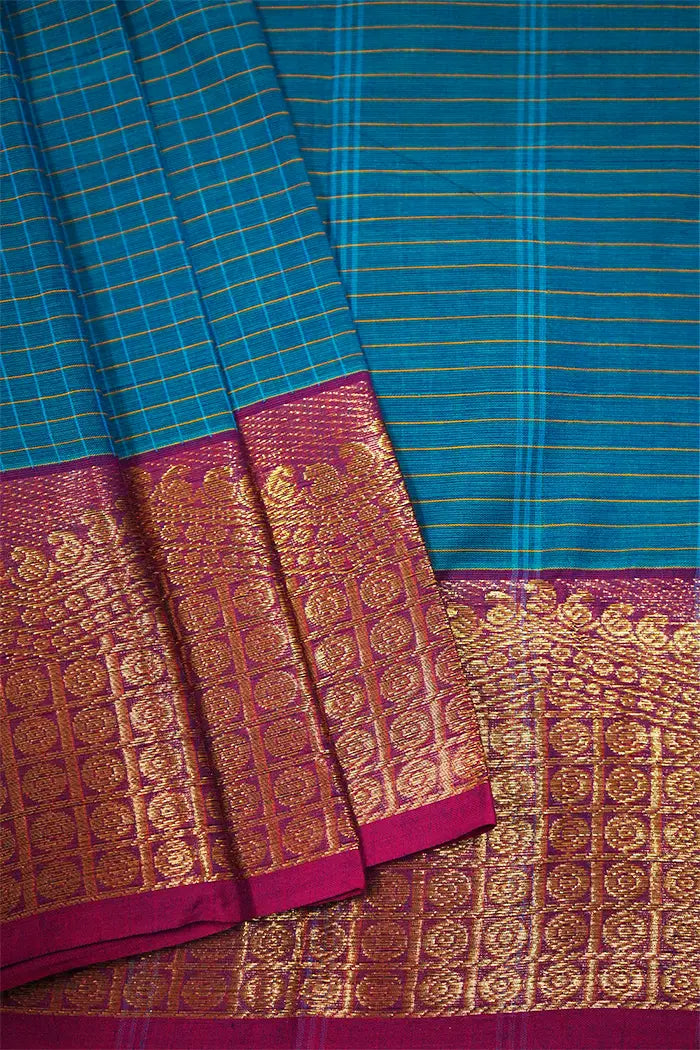 DARK AQUA WITH DARK RASPBERRY KANCHI COTTON SAREE - Queens Jewel Emporium