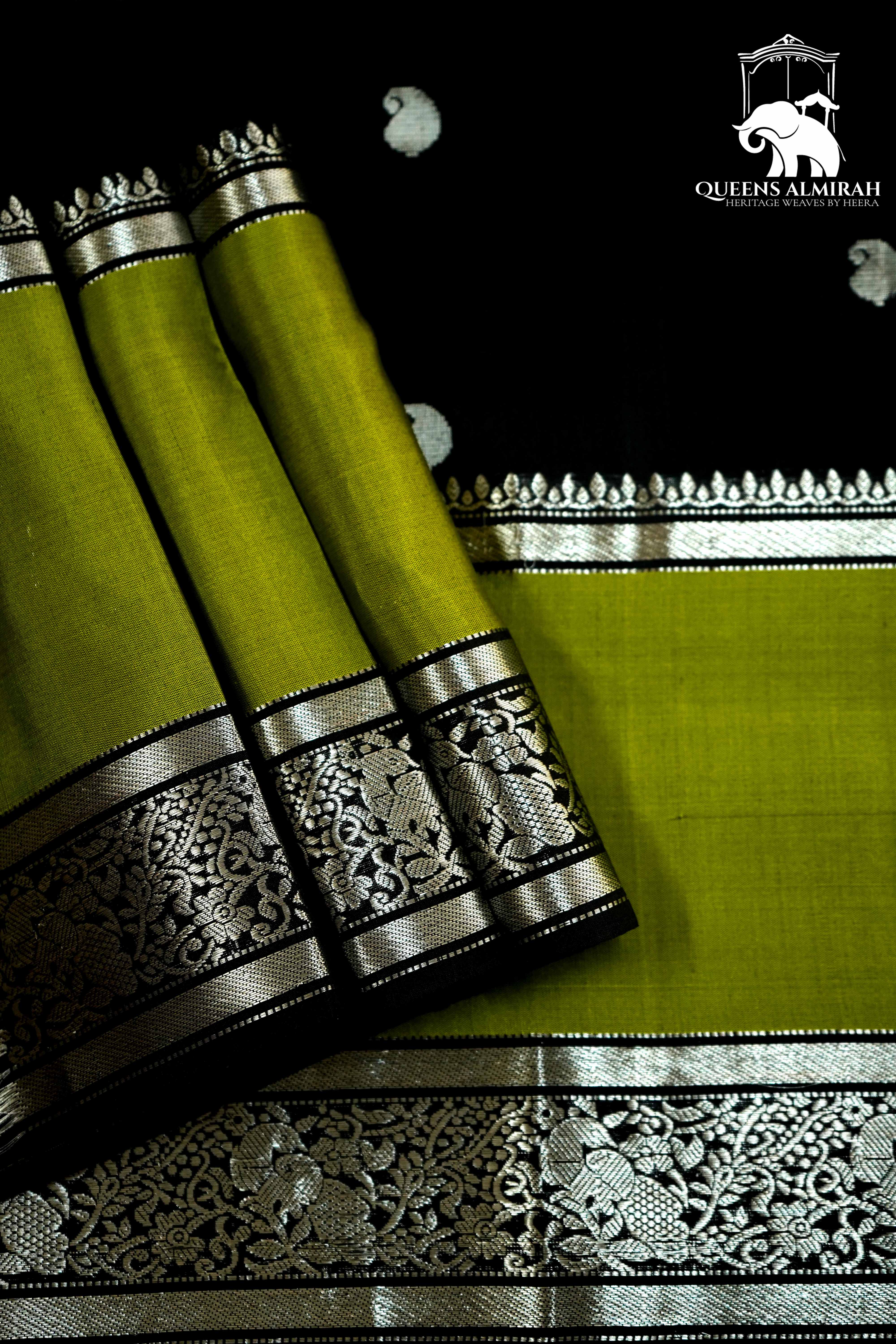 DARK BLACK WITH OLIVE GREEN SOFT SILK SAREE - Queens Jewel Emporium