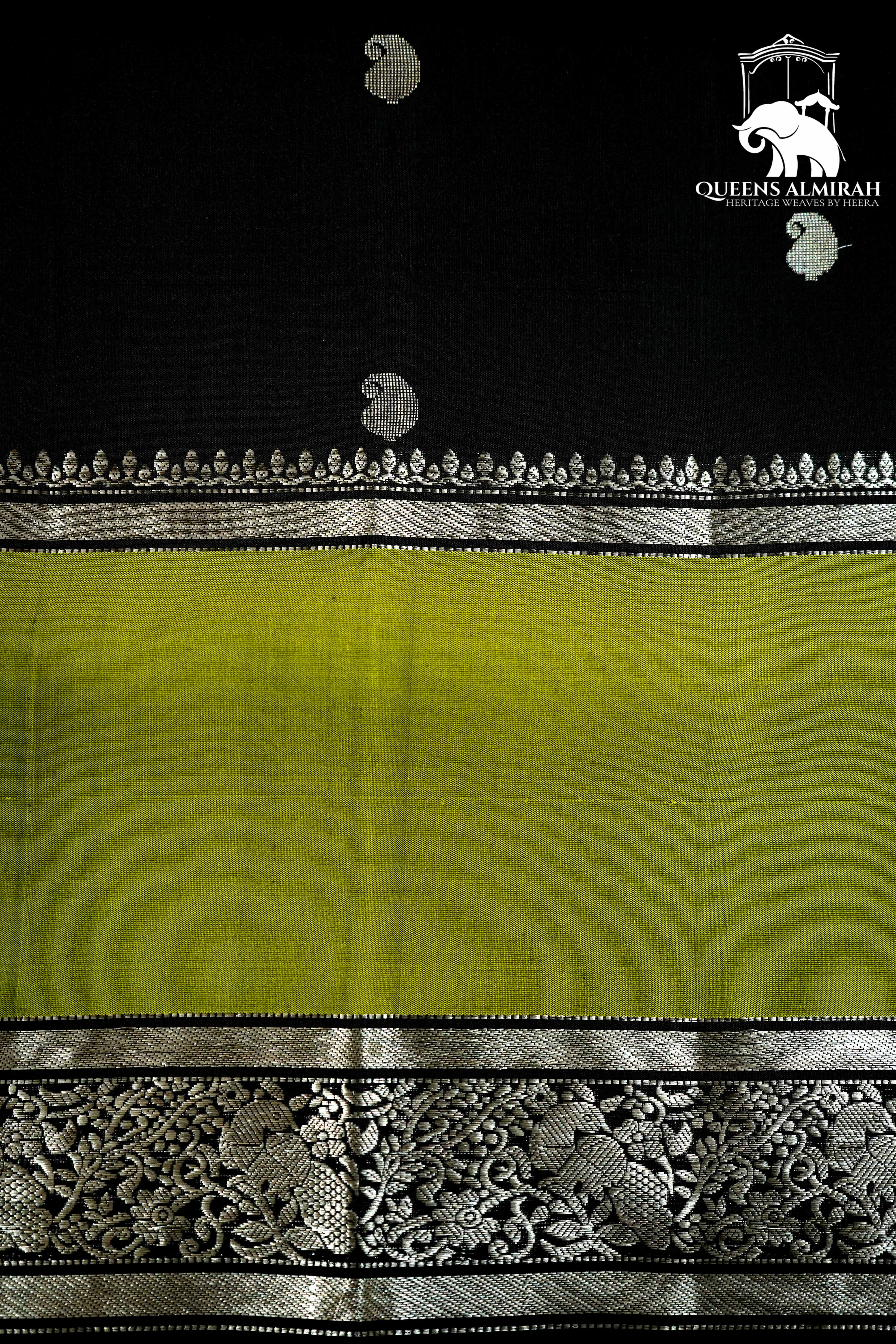 DARK BLACK WITH OLIVE GREEN SOFT SILK SAREE - Queens Jewel Emporium