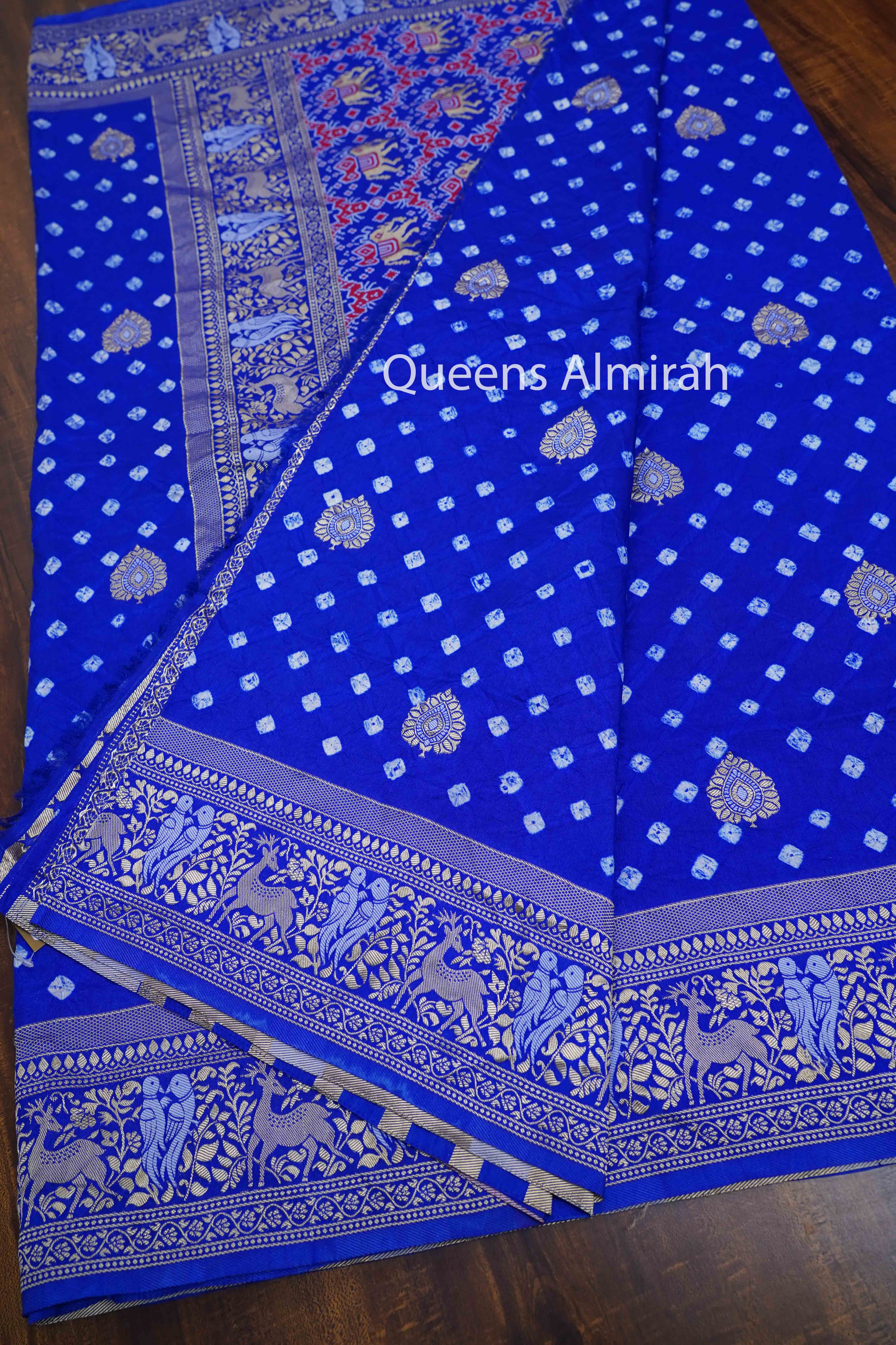 DARK BLUE BANDHINI MALAI SILK  SAREE - Queens Jewel Emporium