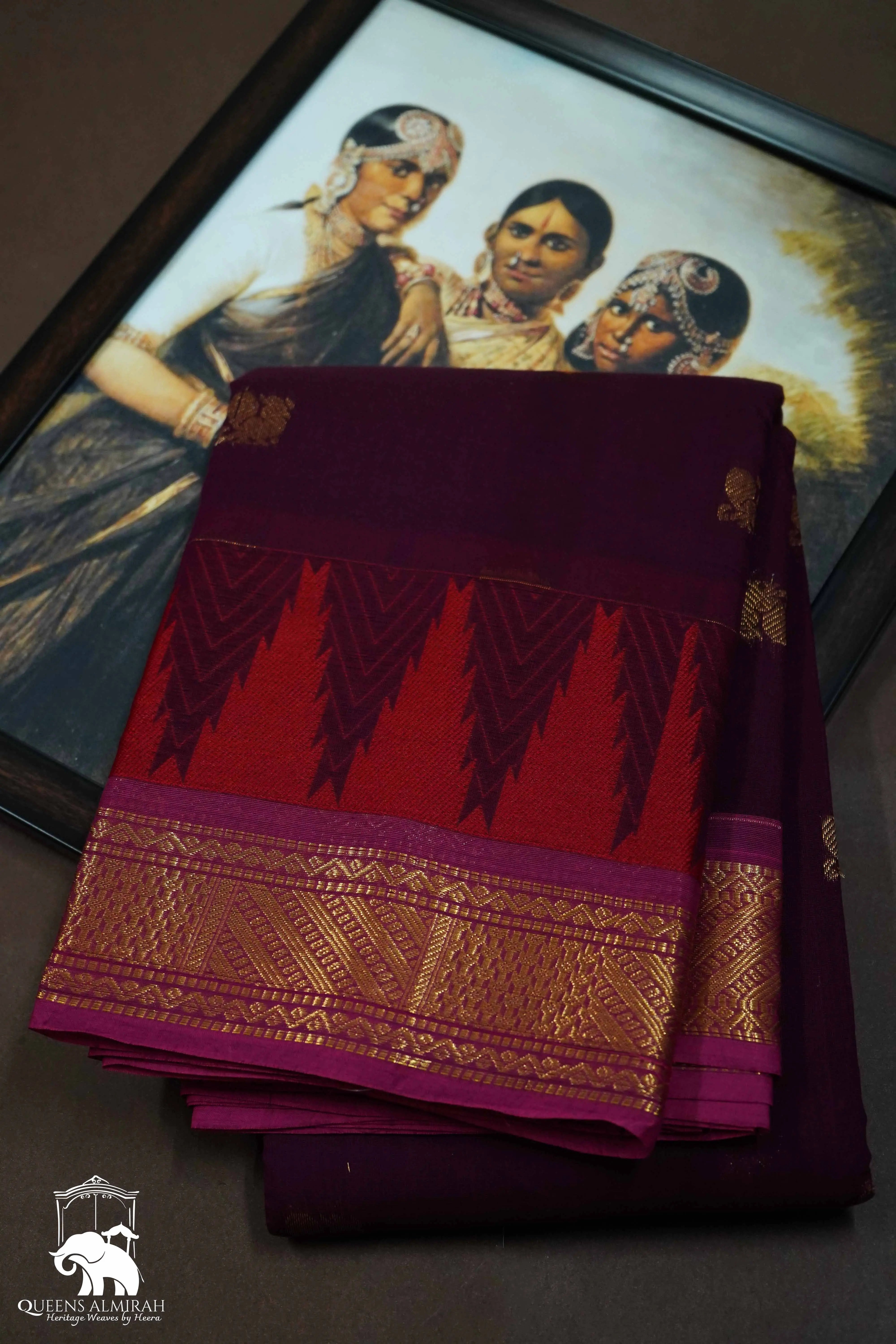 DARK BURGUNDY WITH WINE BERRY KANCHI COTTON SAREE - Queens Jewel Emporium