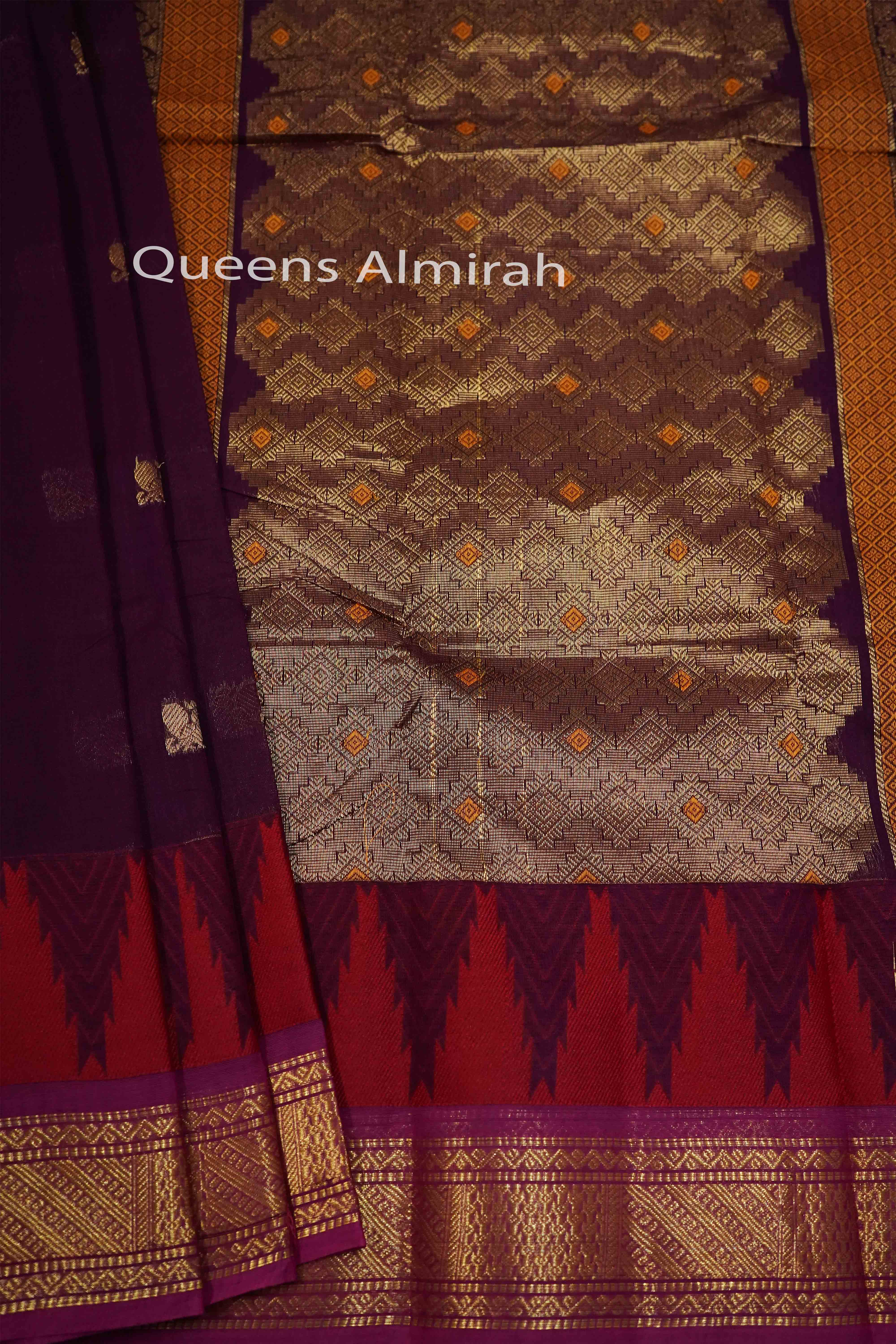 DARK BURGUNDY WITH WINE BERRY KANCHI COTTON SAREE - Queens Jewel Emporium