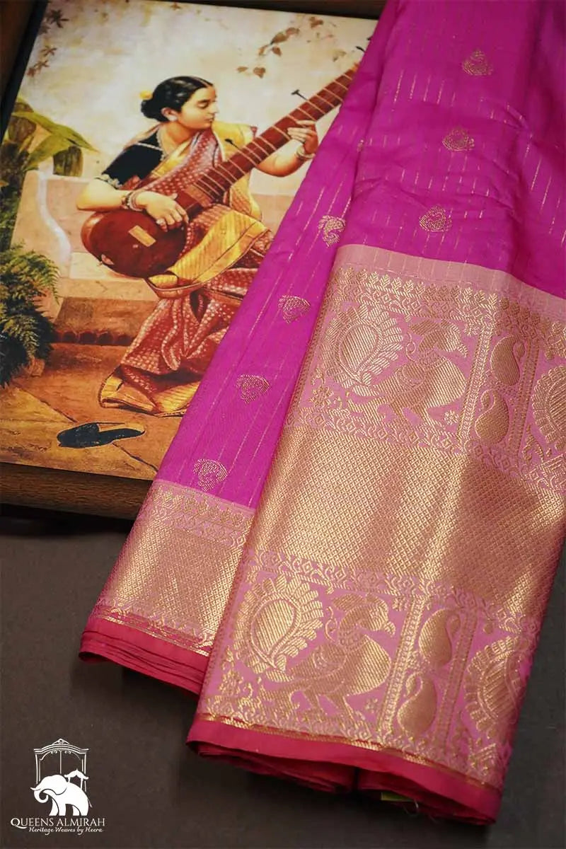 DARK CARNATION PINK WITH DEEP ROSE MANGALGIRI GADWAL SAREE - Queens Jewel Emporium