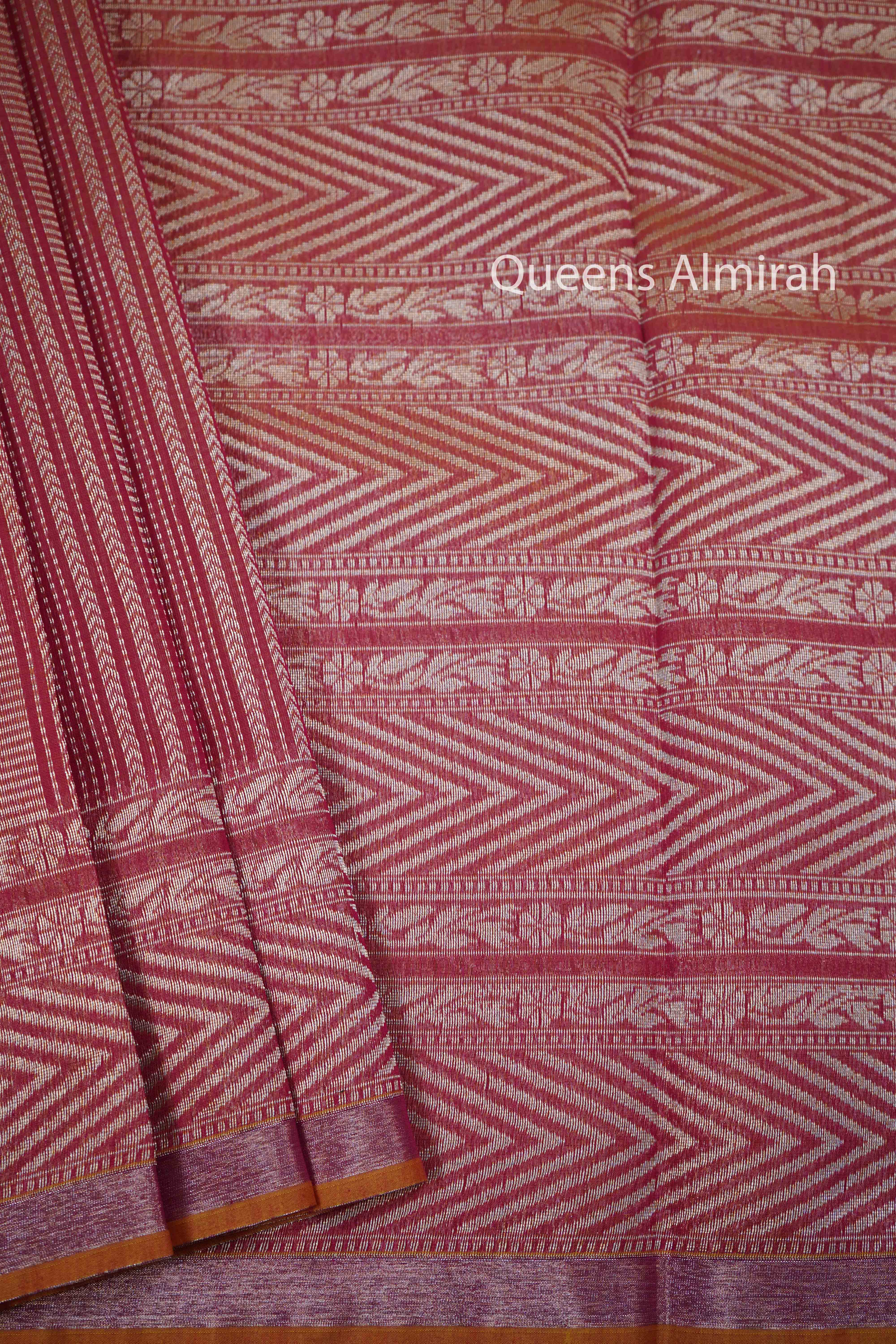 DARK CORAL PURE BANARASI SILK COTTON SAREE - Queens Jewel Emporium