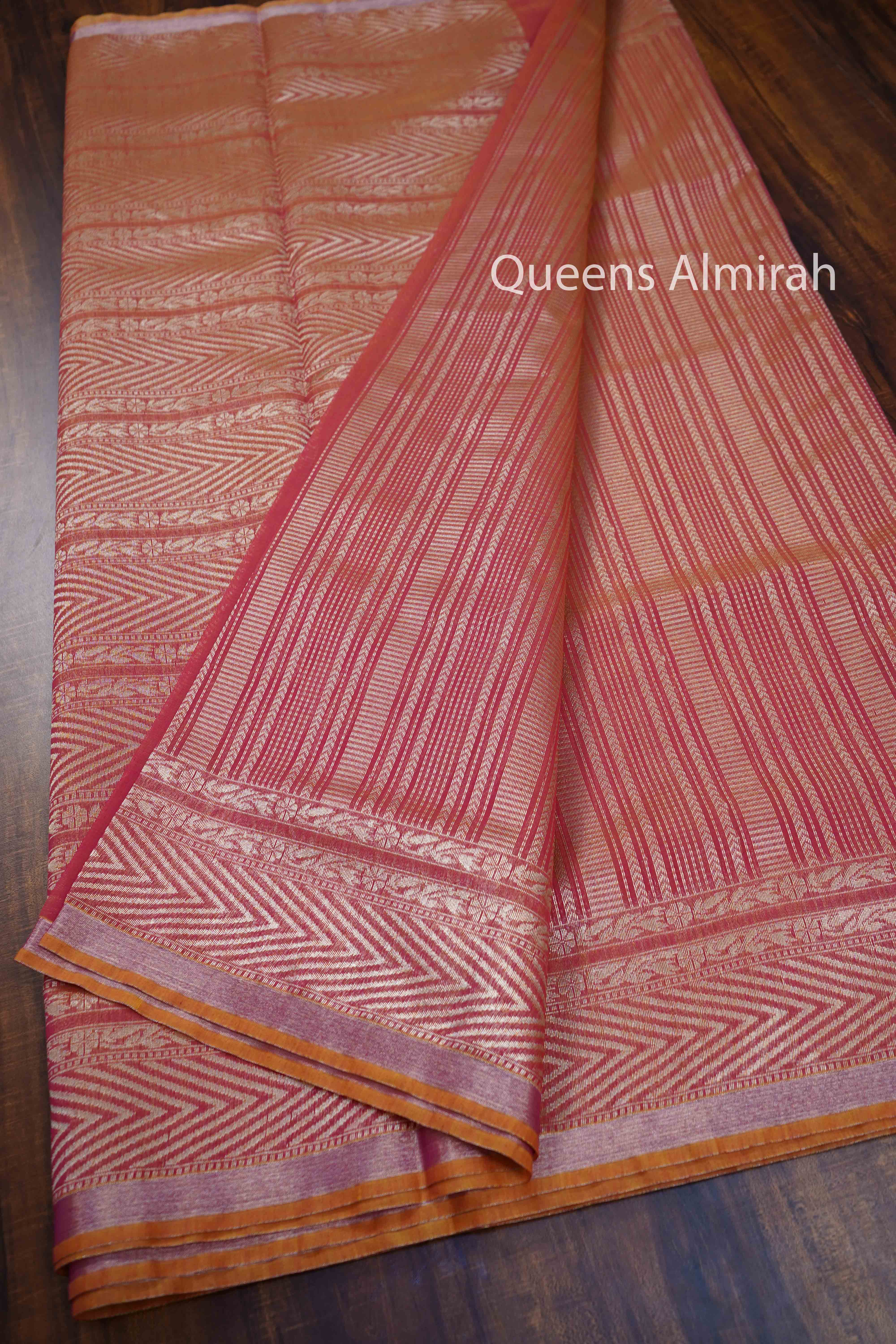 DARK CORAL PURE BANARASI SILK COTTON SAREE - Queens Jewel Emporium