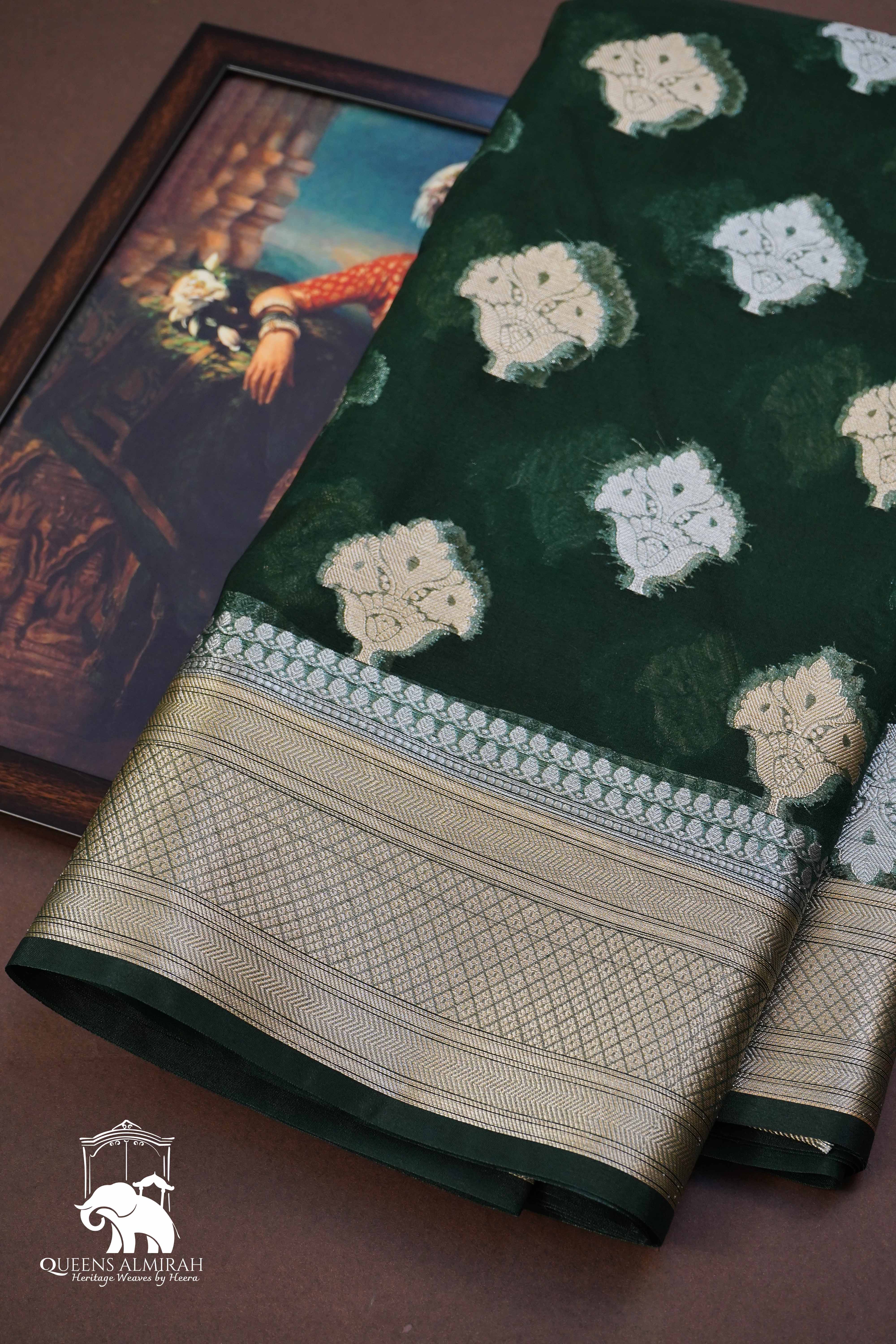 DARK GREEN KORA ORGANZA SAREE - Queens Jewel Emporium