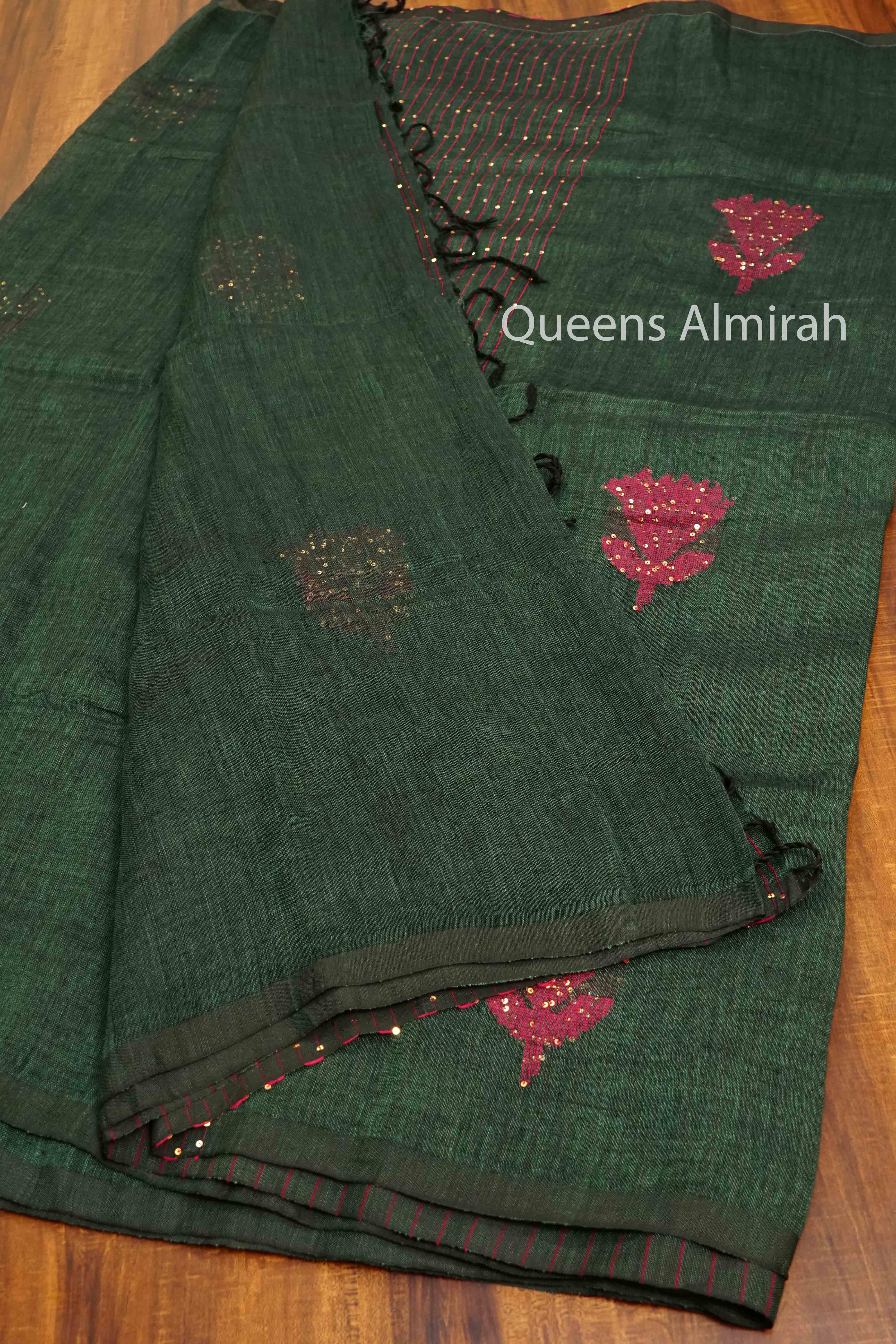 DARK GREEN LINEN COTTON SAREE - Queens Jewel Emporium