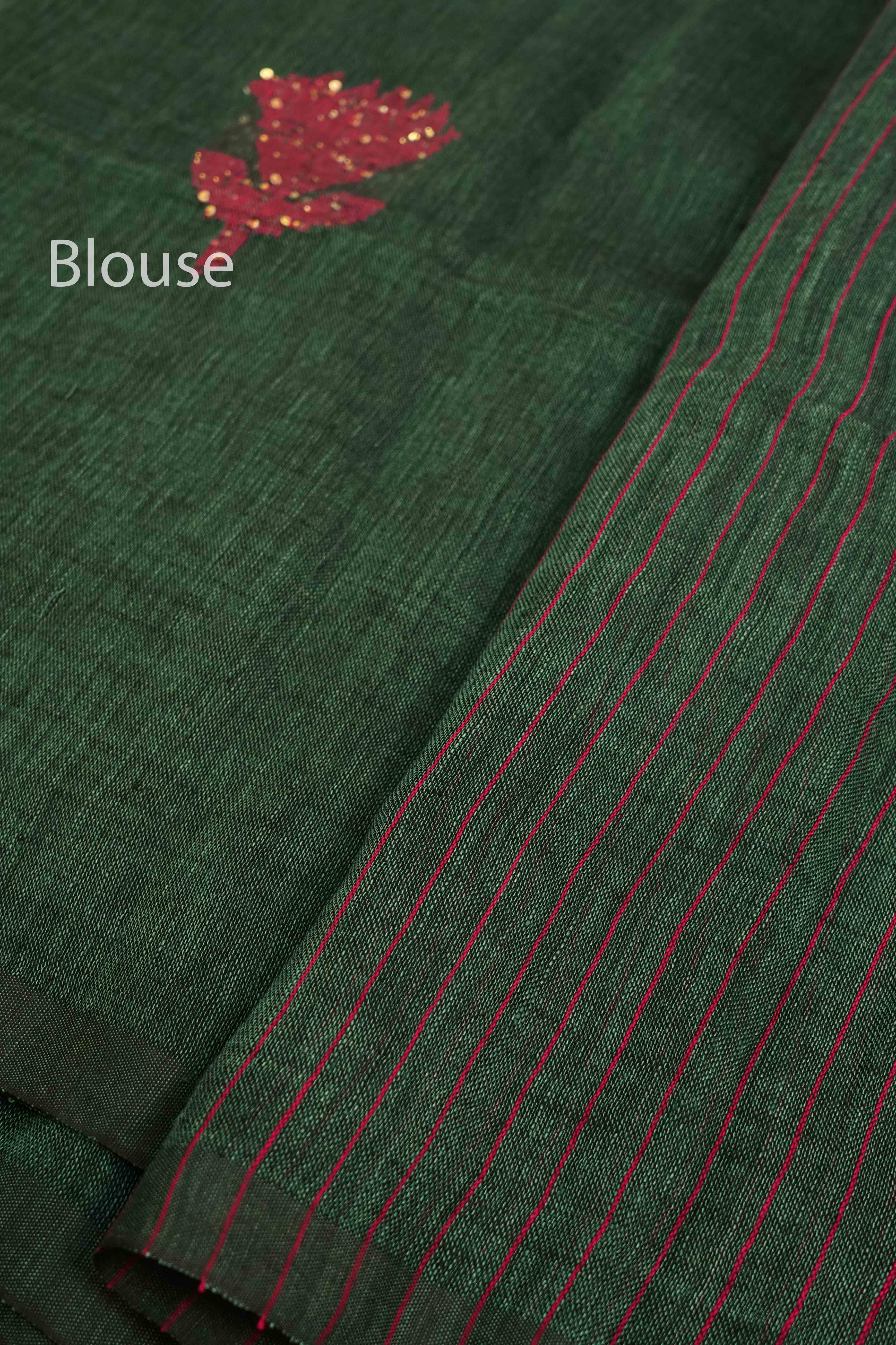 DARK GREEN LINEN COTTON SAREE - Queens Jewel Emporium