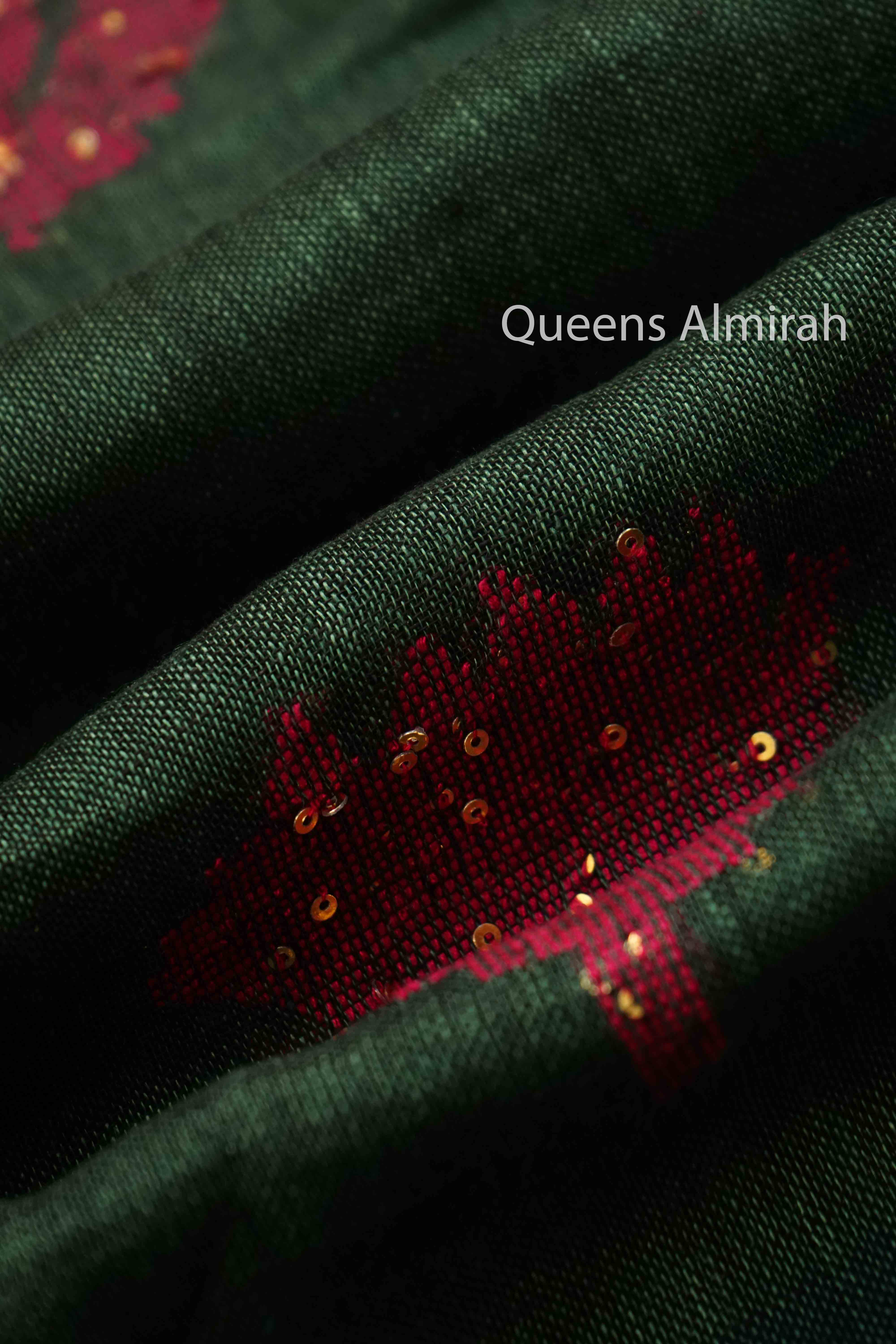 DARK GREEN LINEN COTTON SAREE - Queens Jewel Emporium
