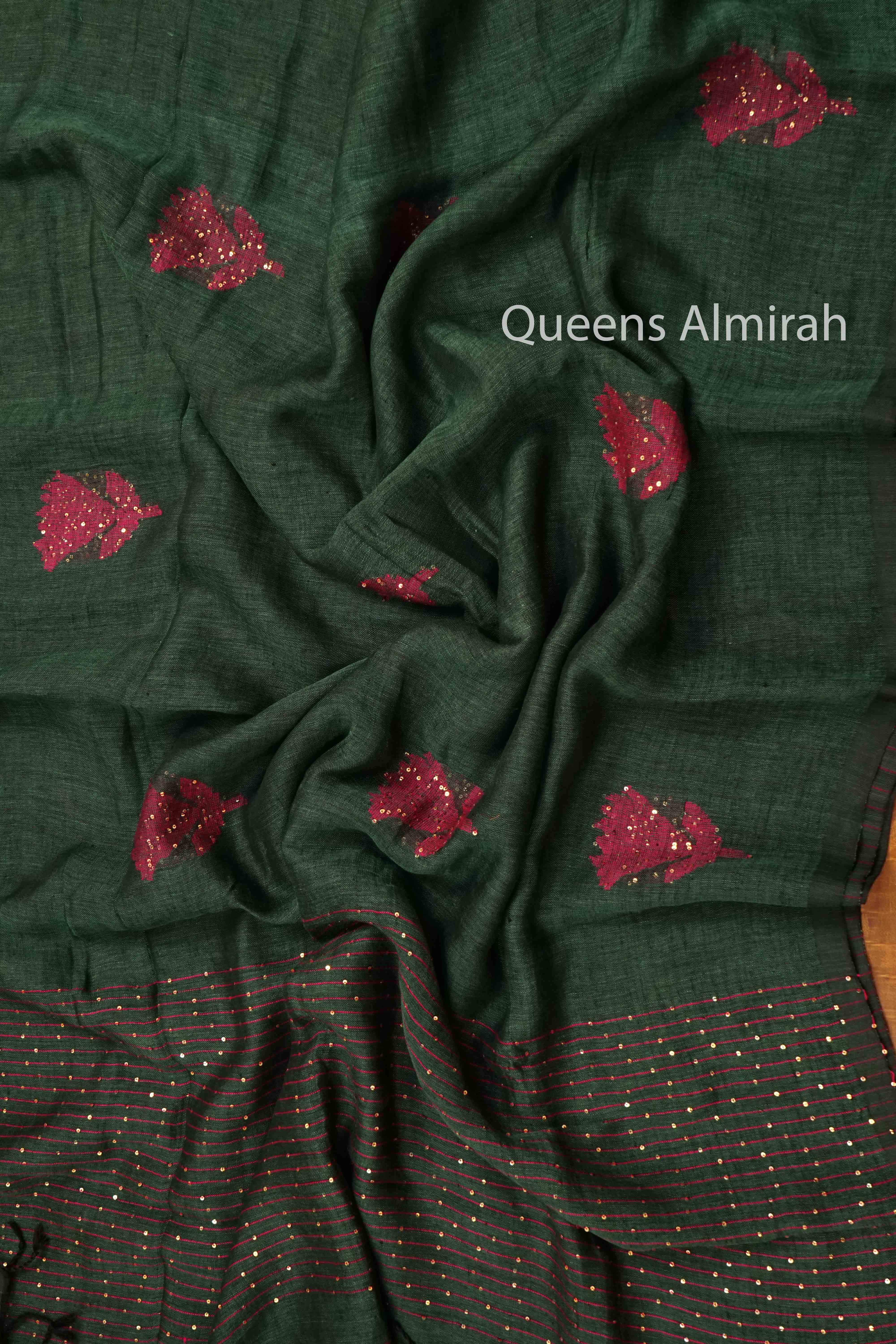 DARK GREEN LINEN COTTON SAREE - Queens Jewel Emporium