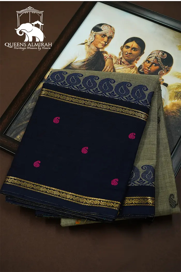 DARK GREY WITH BLUE CHARCOAL KANCHI COTTON SAREE - Queens Jewel Emporium