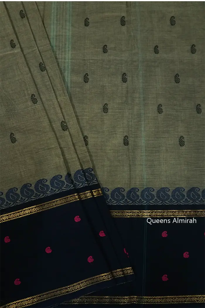 DARK GREY WITH BLUE CHARCOAL KANCHI COTTON SAREE - Queens Jewel Emporium